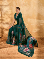 Bottel Green Geogette Floral Printed Saree sedora couture