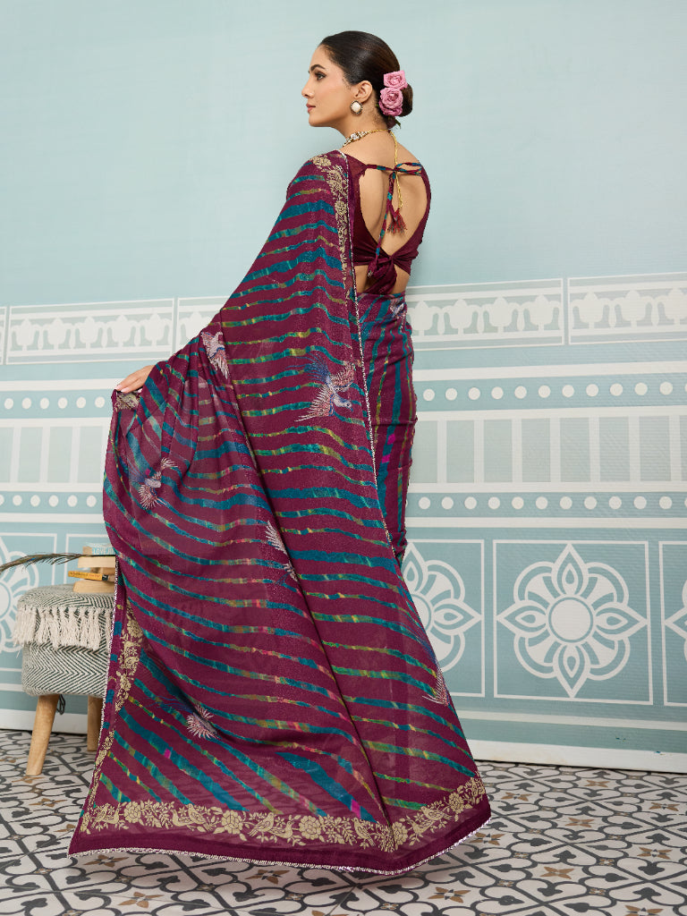 Maroon Sparkle Georgette Printed Saree with Beaded Border