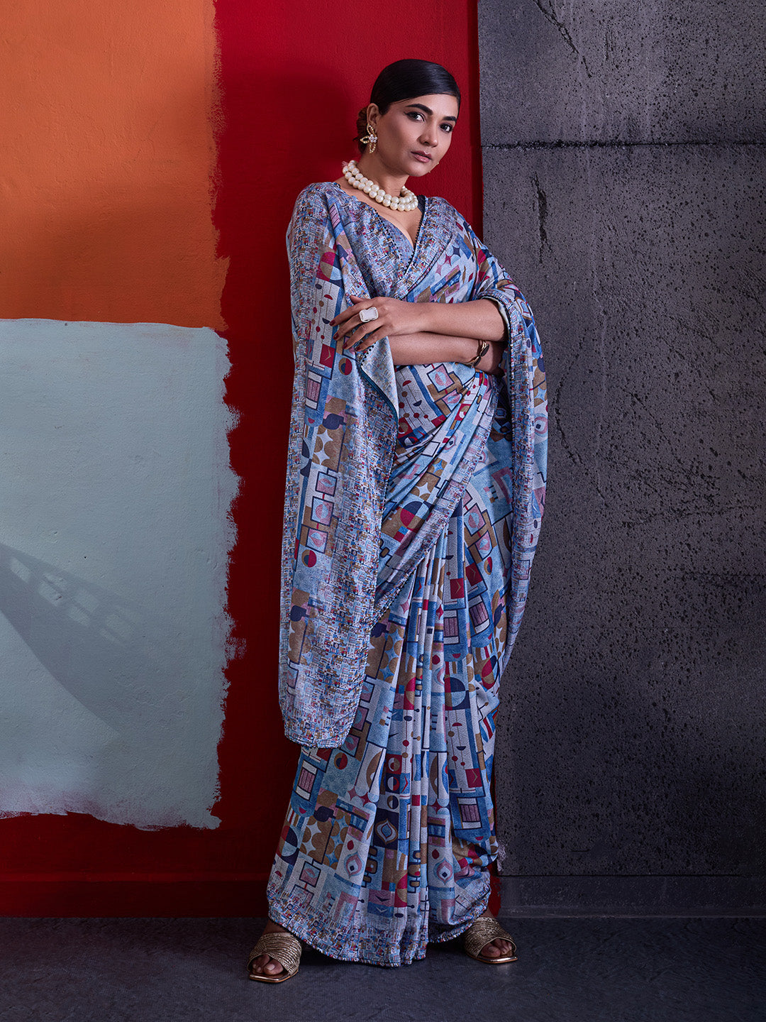 Blue Cotton Crepe Geometrical Printed Saree