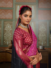 Black Bandhani Jacquard Saree with Magenta Motifs and Zari Border