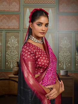 Black Bandhani Jacquard Saree with Magenta Motifs and Zari Border