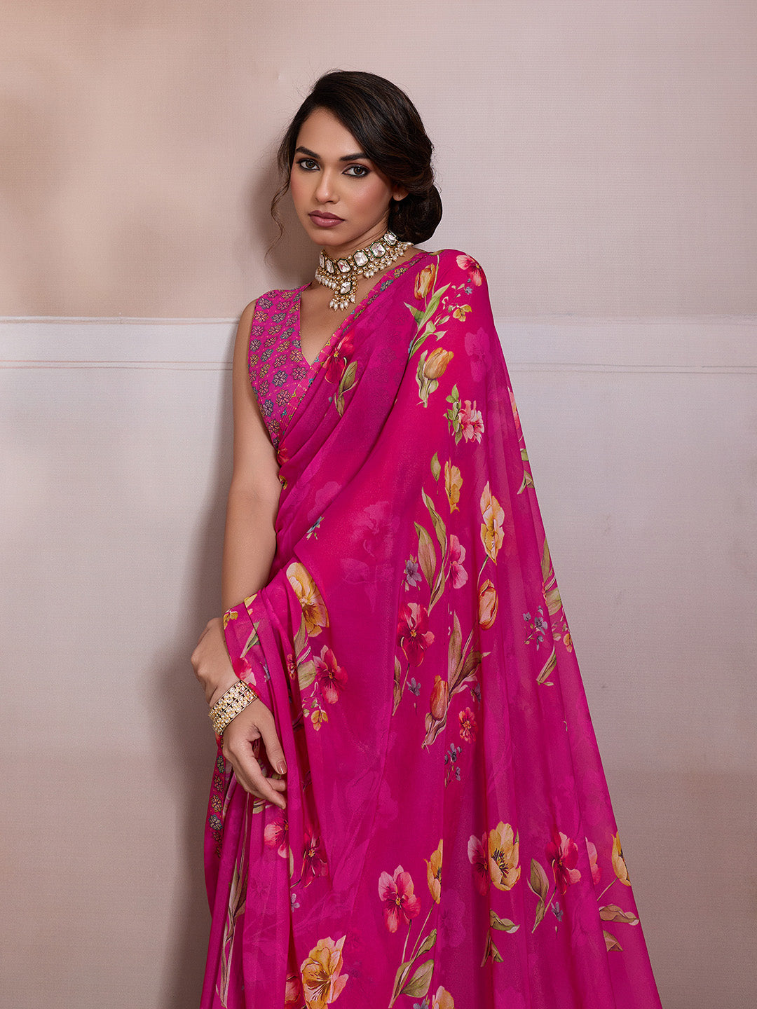 Pink Georgette Floral Printed Saree