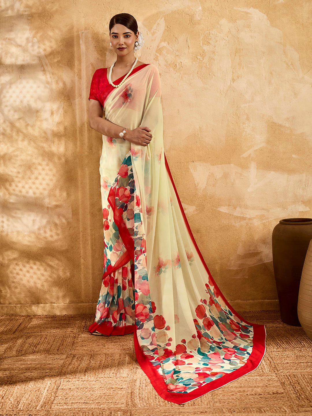 Beige Geogette Floral Printed Saree