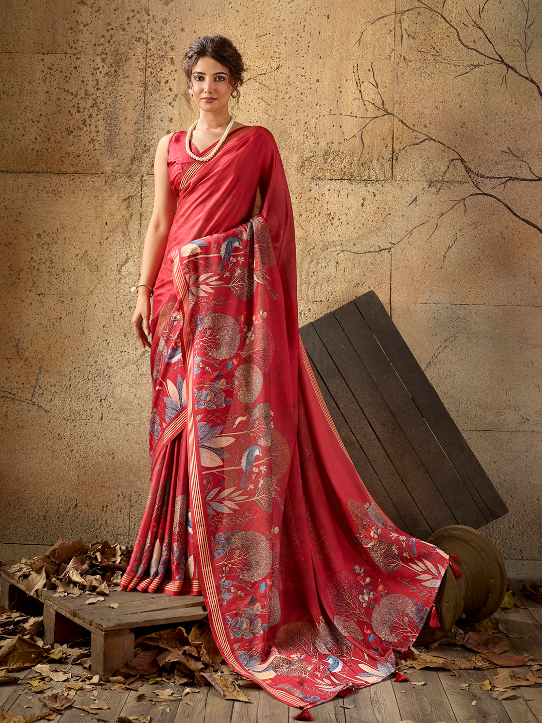 Red Georgette Floral Printed Saree
