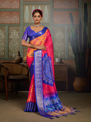 Royal Blue & Pink Bandhani Jacquard Saree with Zari Border