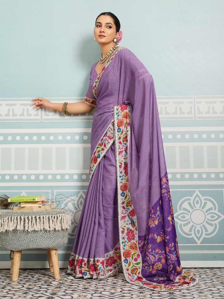 Purple Sparkle Georgette Printed Saree with Beaded Border