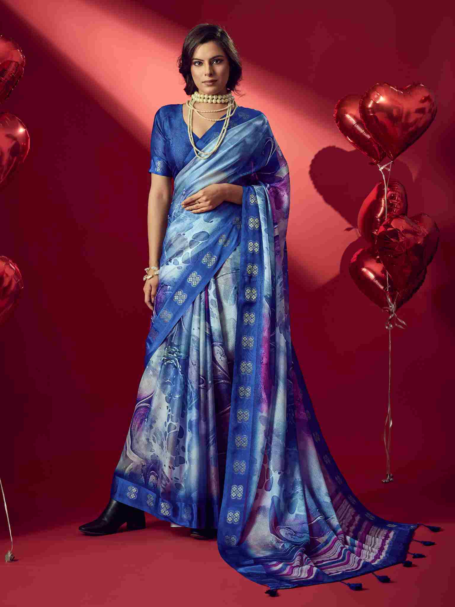 Blue Jacquard Printed Saree with Unstitched Blouse