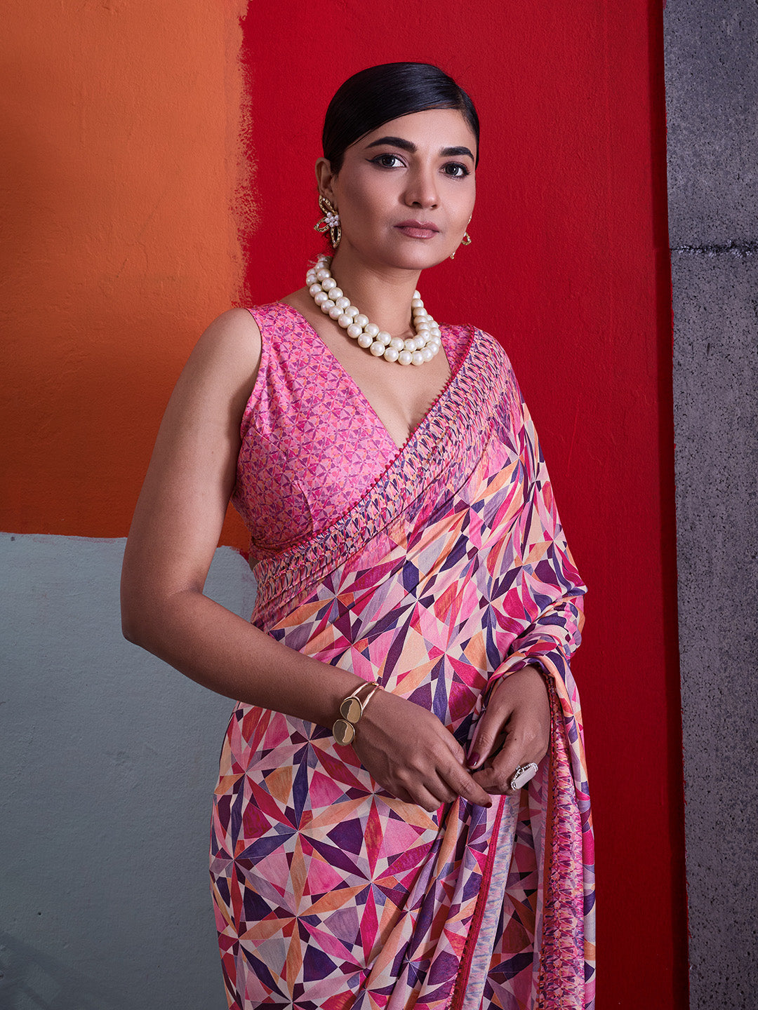 Pink Cotton Crepe Geometrical Printed Saree