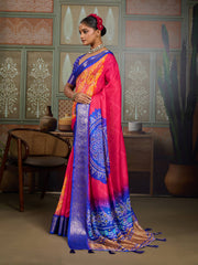 Royal Blue & Pink Bandhani Jacquard Saree with Zari Border