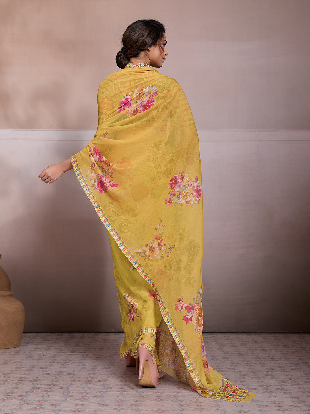 Yellow Georgette Floral Printed Saree