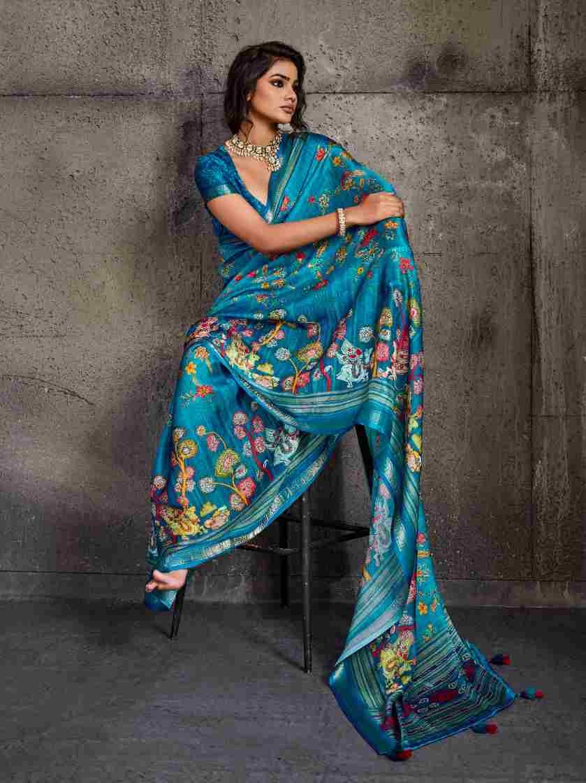 Blue Moss Figure Printed Saree