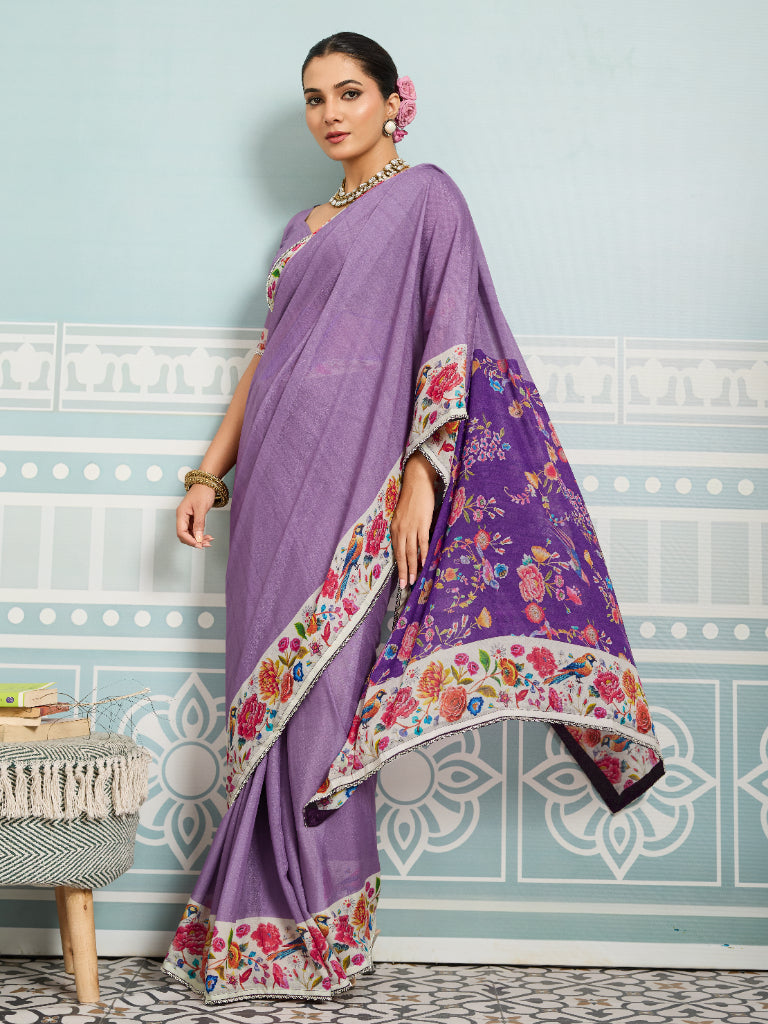 Purple Sparkle Georgette Printed Saree with Beaded Border