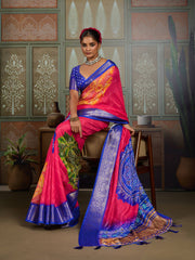 Royal Blue & Pink Bandhani Jacquard Saree with Zari Border