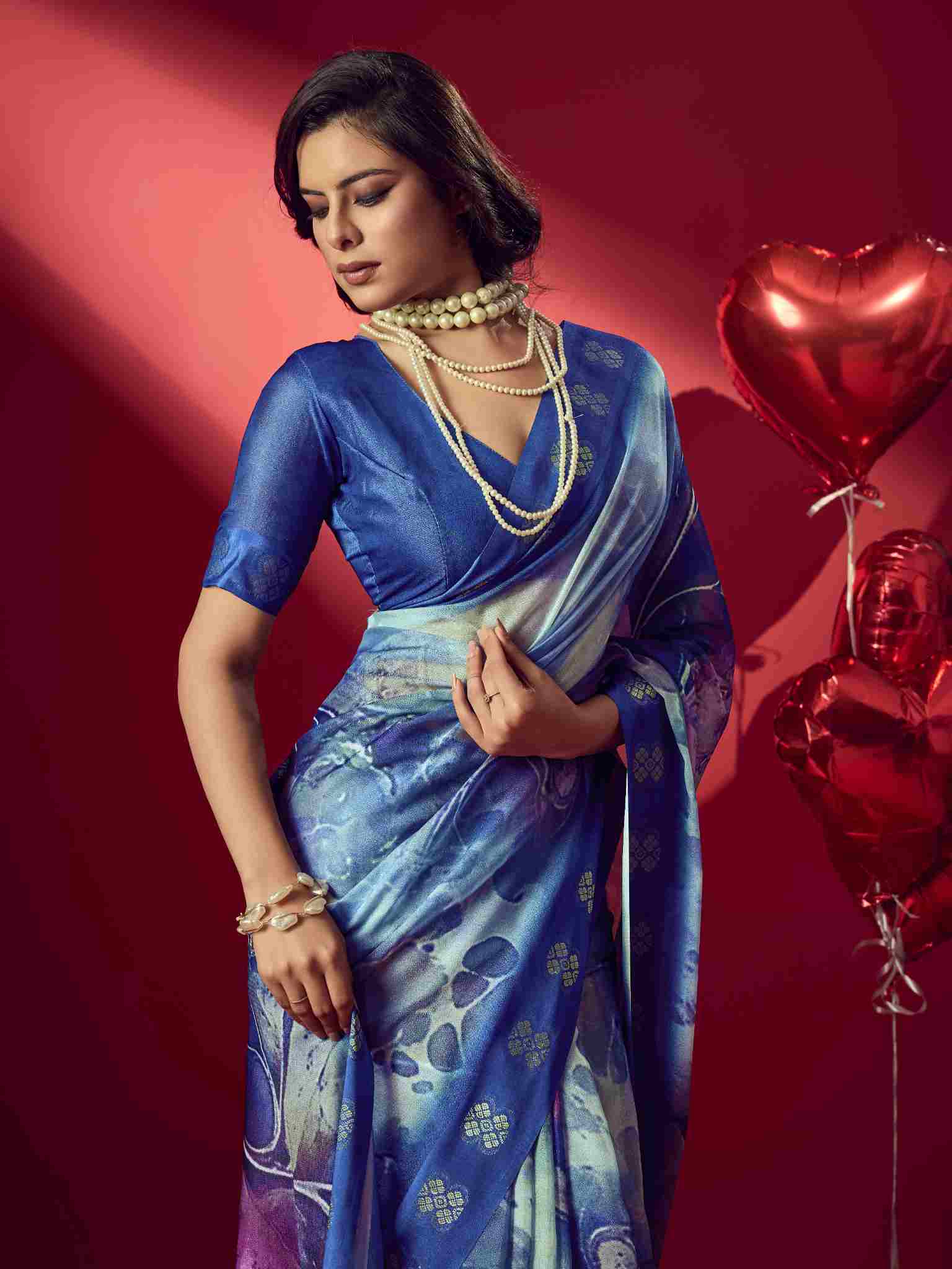 Blue Jacquard Printed Saree with Unstitched Blouse sedora couture