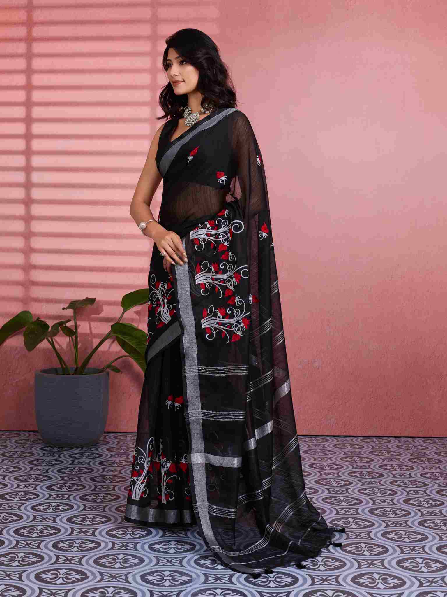 Cotton Black Floral Embroidery Saree