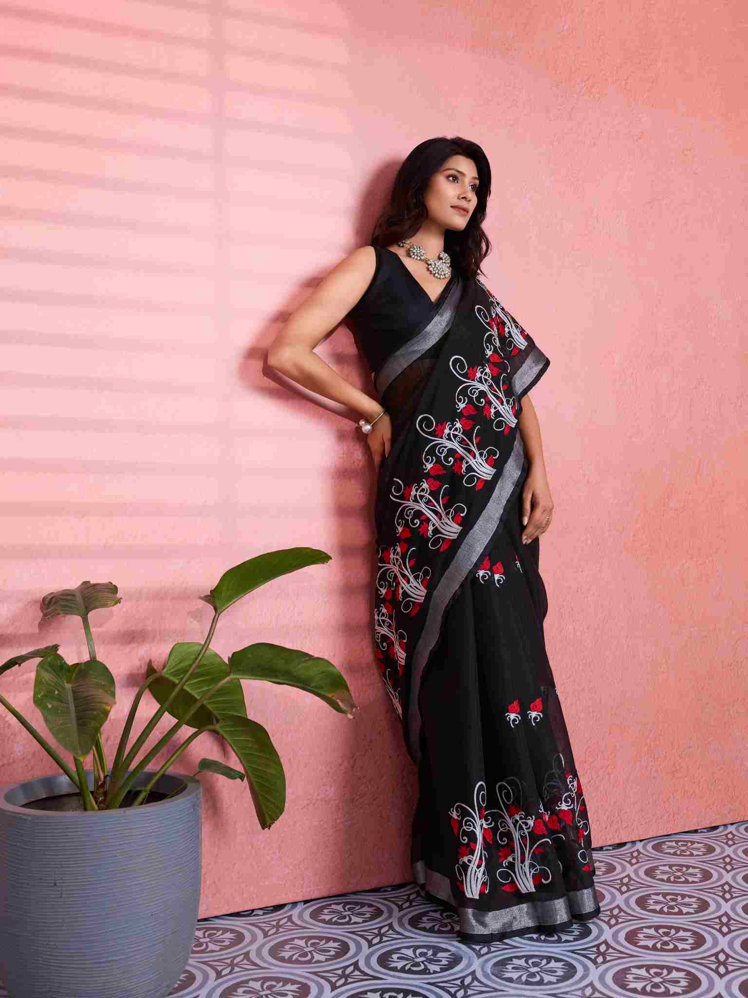 Cotton Black Floral Embroidery Saree
