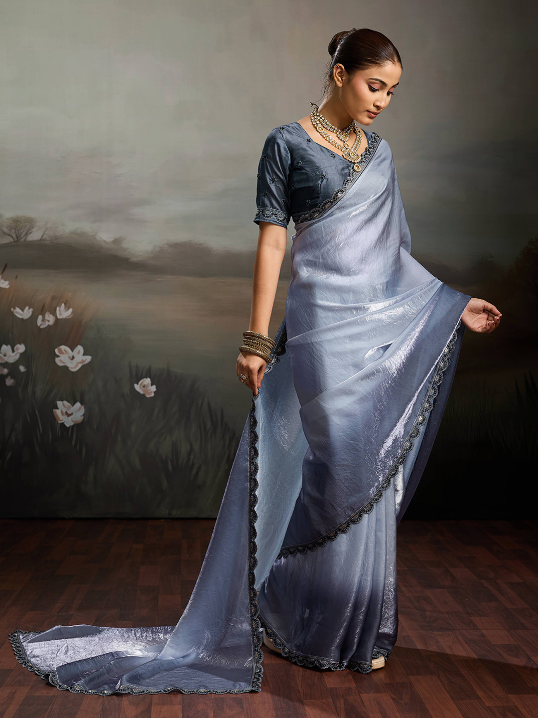 Grey Satin Plain Dyed Saree sedora couture