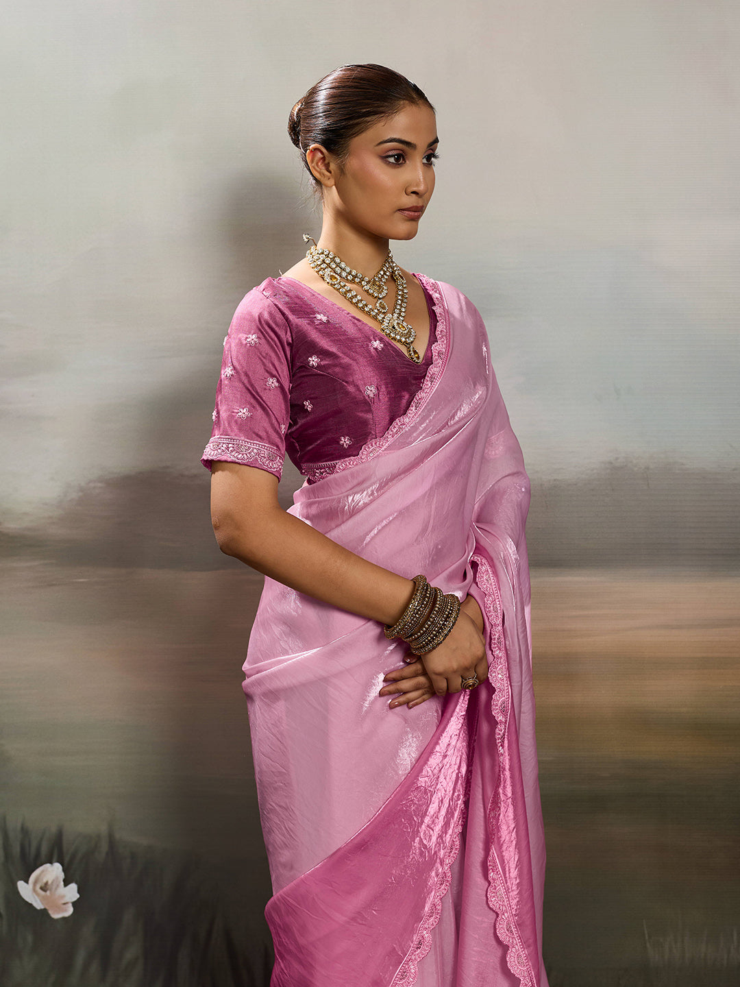 Pink Satin Plain Dyed Saree sedora couture
