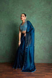 Chic Blue Saree with Creative Embroidery