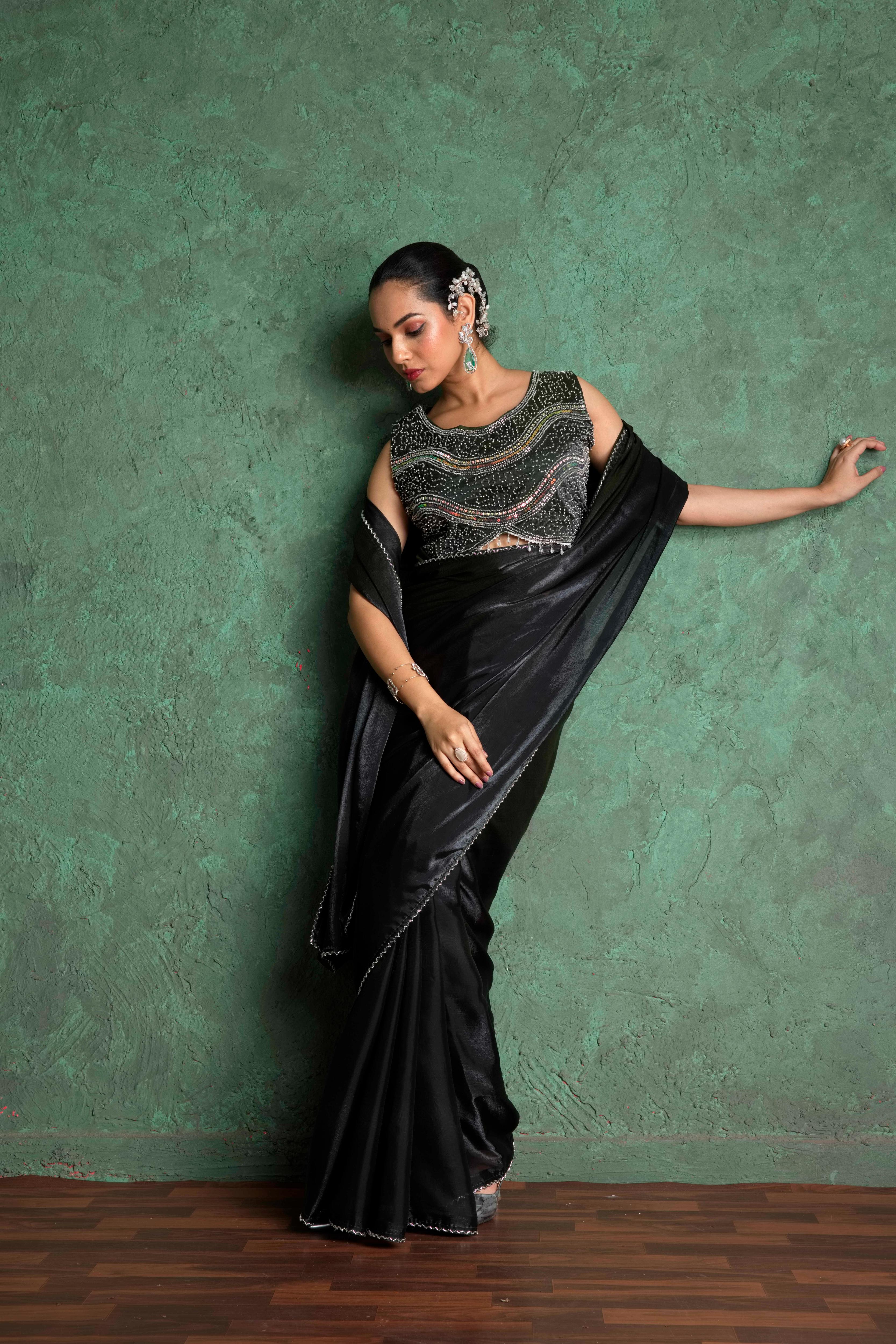 Elegant Black Saree with Delicate Embroidery