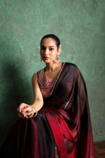 Red saree offers a bold contrast with rich textures. Paired with a multi-sequin blouse and ethnic jewelry,  perfect for festivals, weddings, or fashion photoshoots.