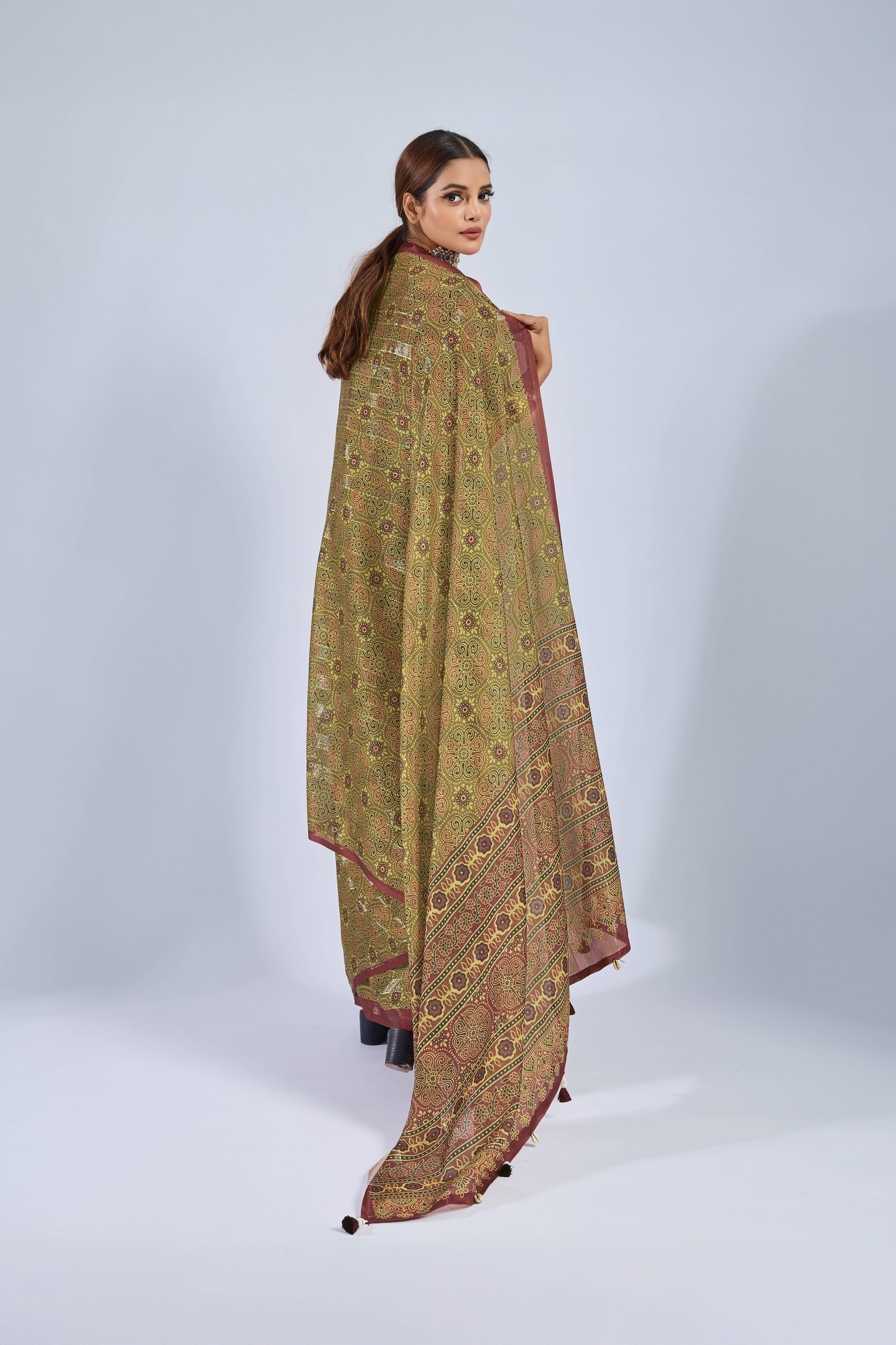 Mustard Chiffon Saree with Maroon Ajrak sedoracouture