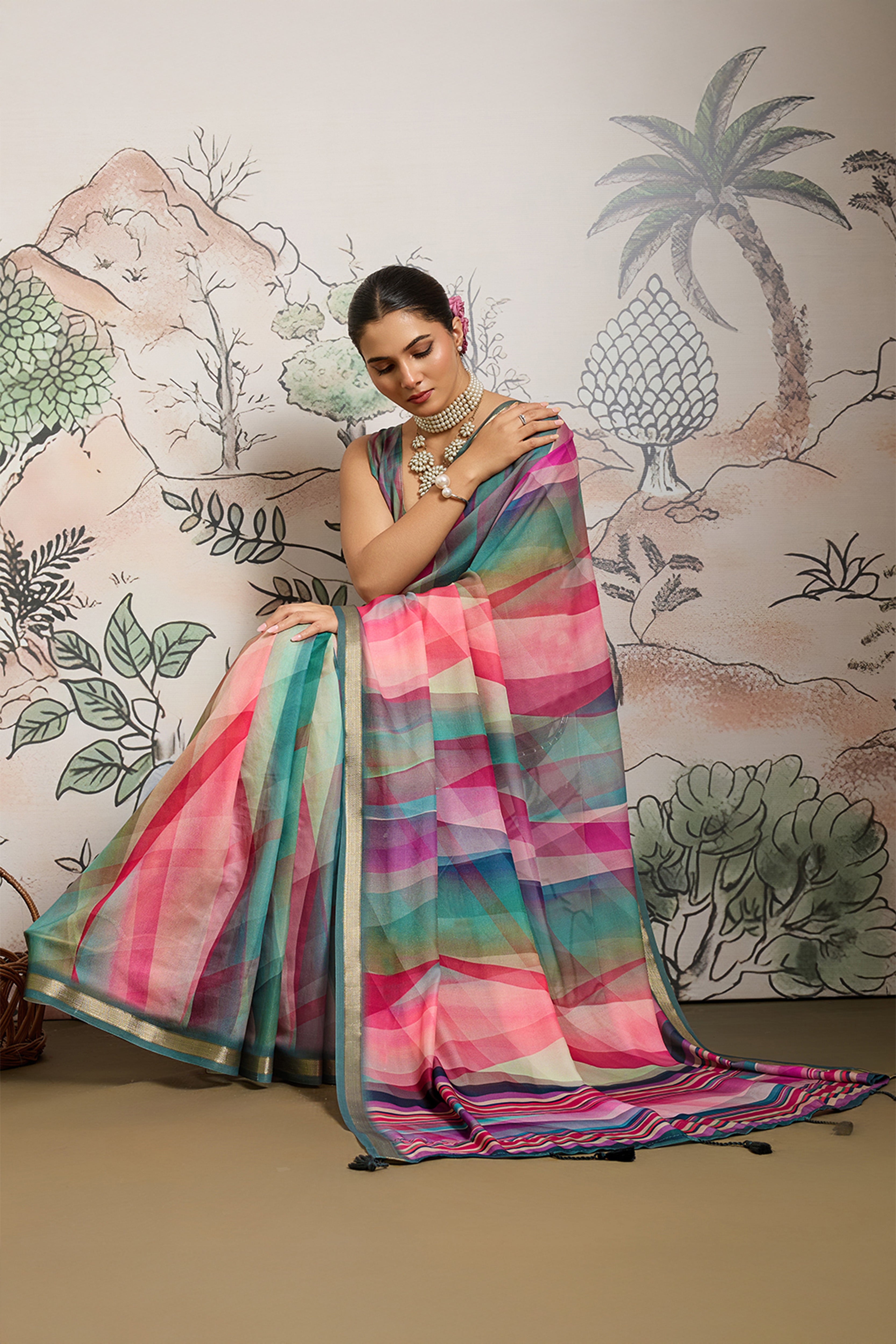 Multi-Colour Moss Zari Printed Saree with Casab Zari Border