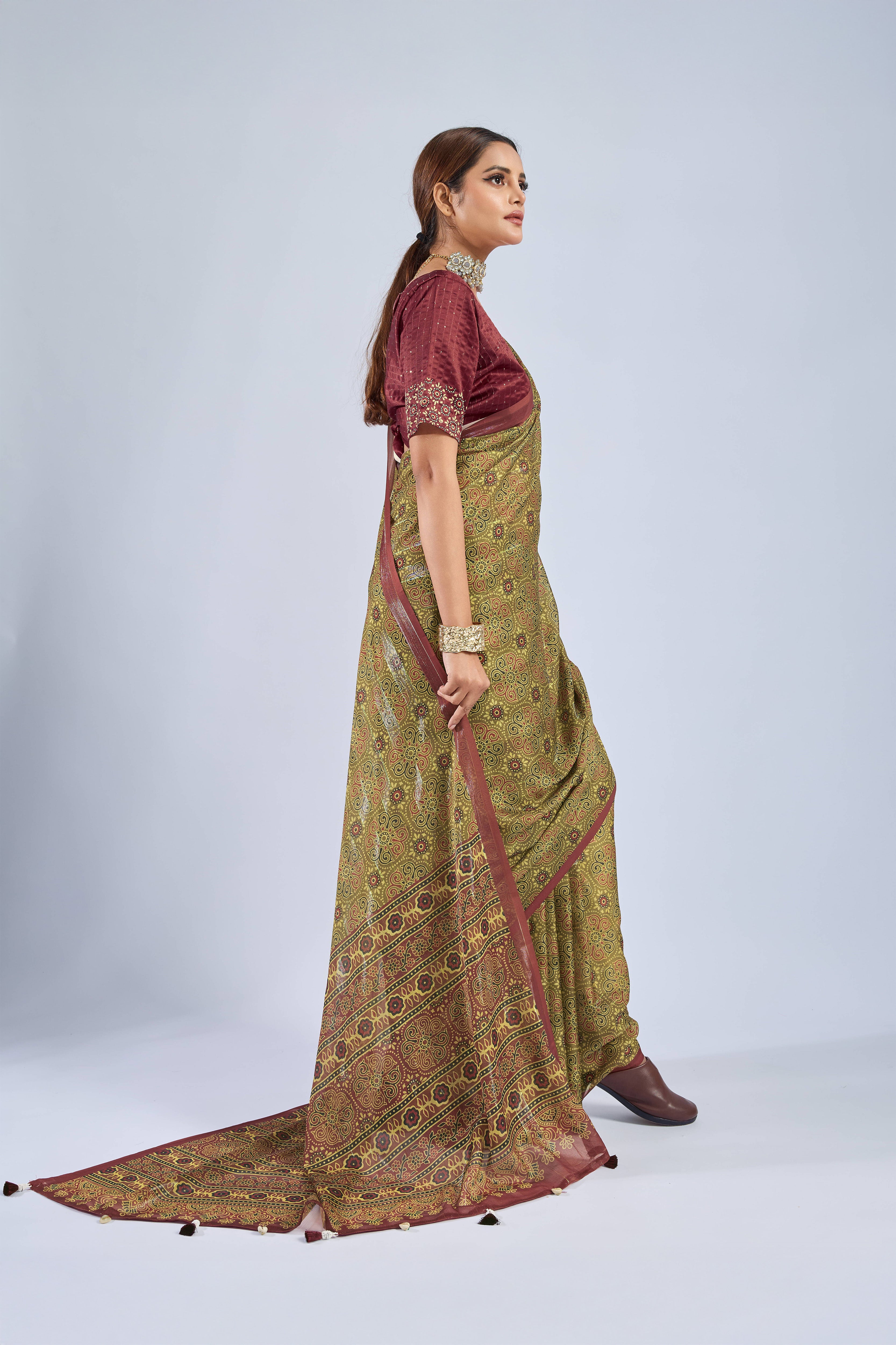 Mustard Chiffon Saree with Maroon Ajrak
