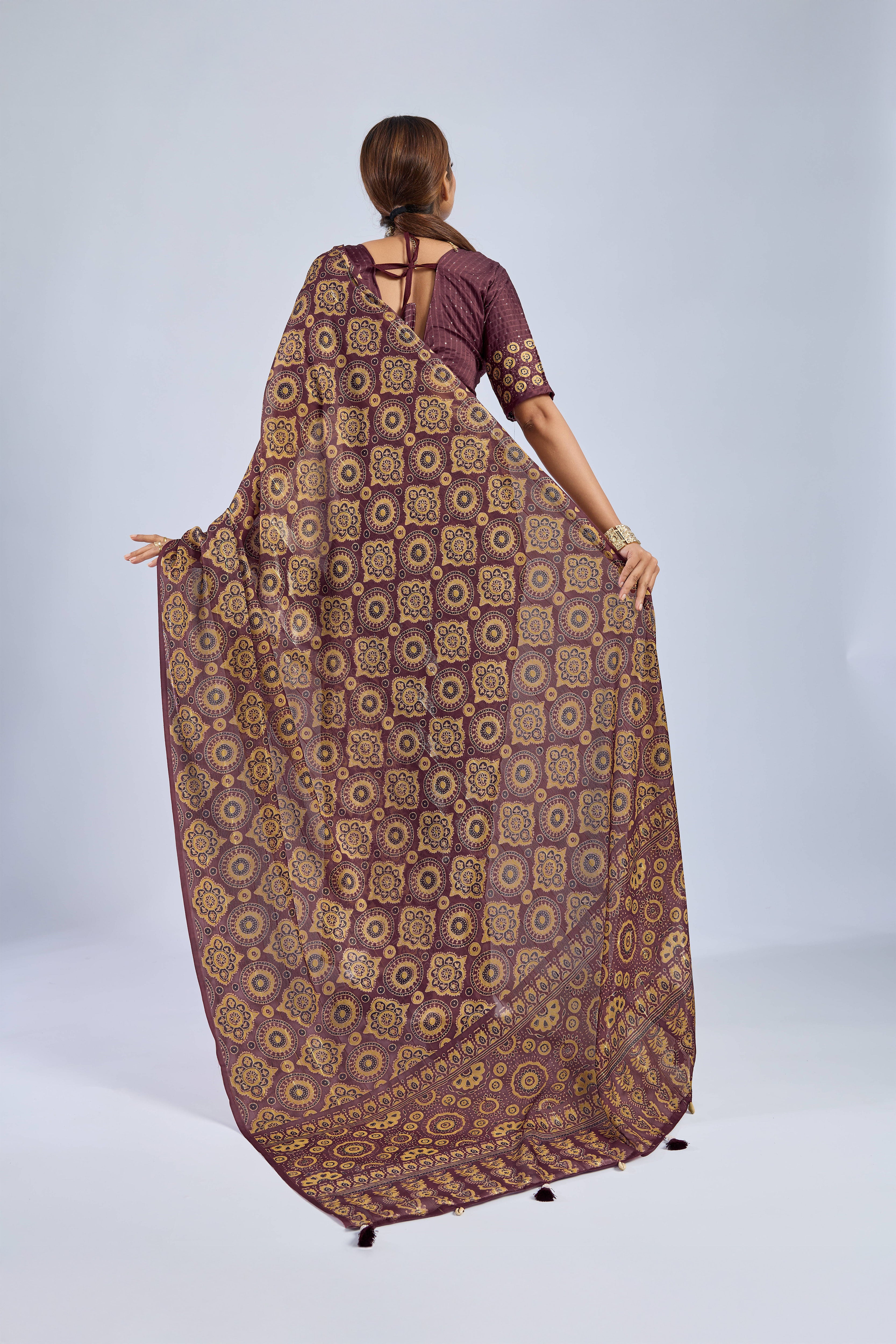 Maroon Chiffon Saree with Yellow Ajrak
