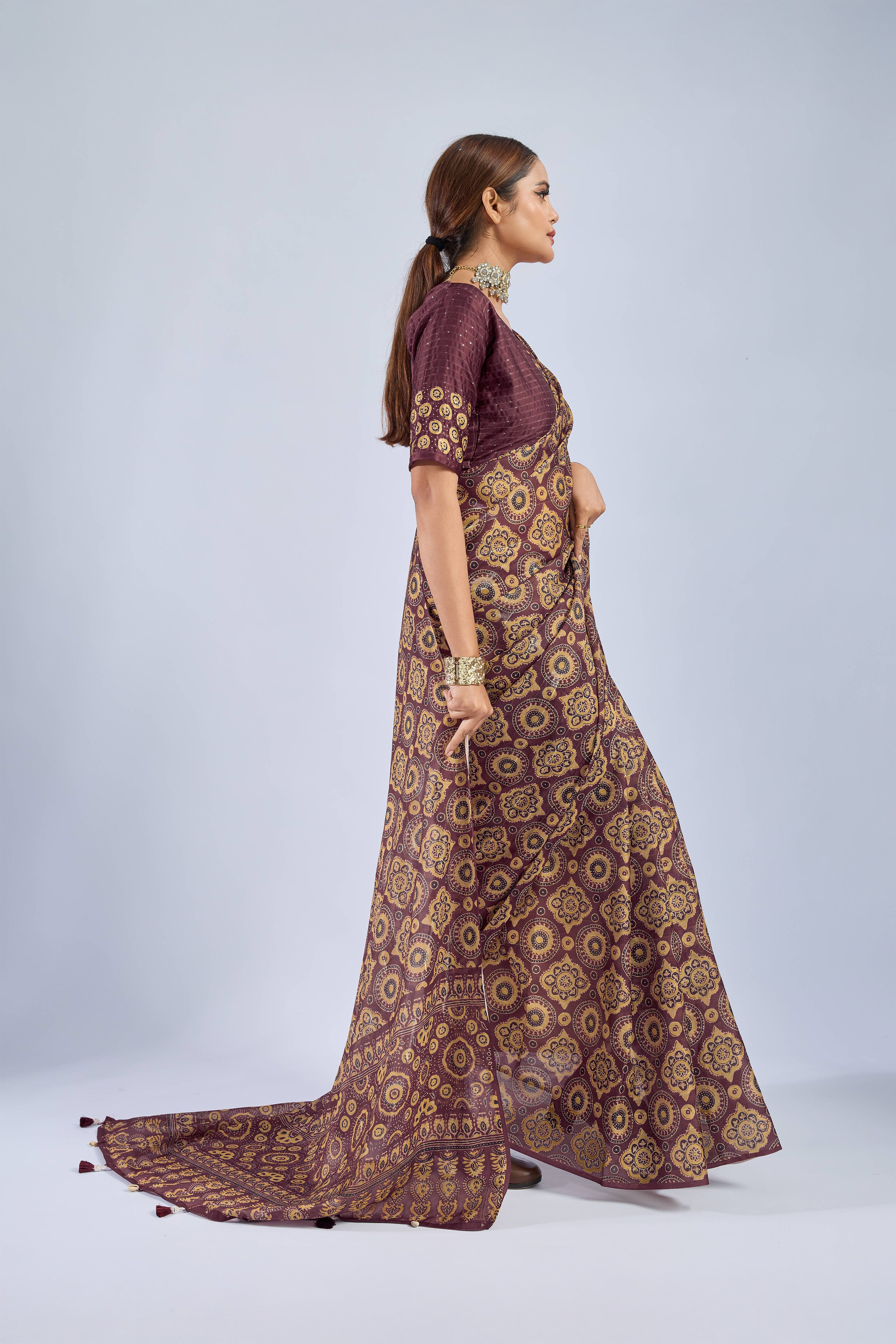 Maroon Chiffon Saree with Yellow Ajrak