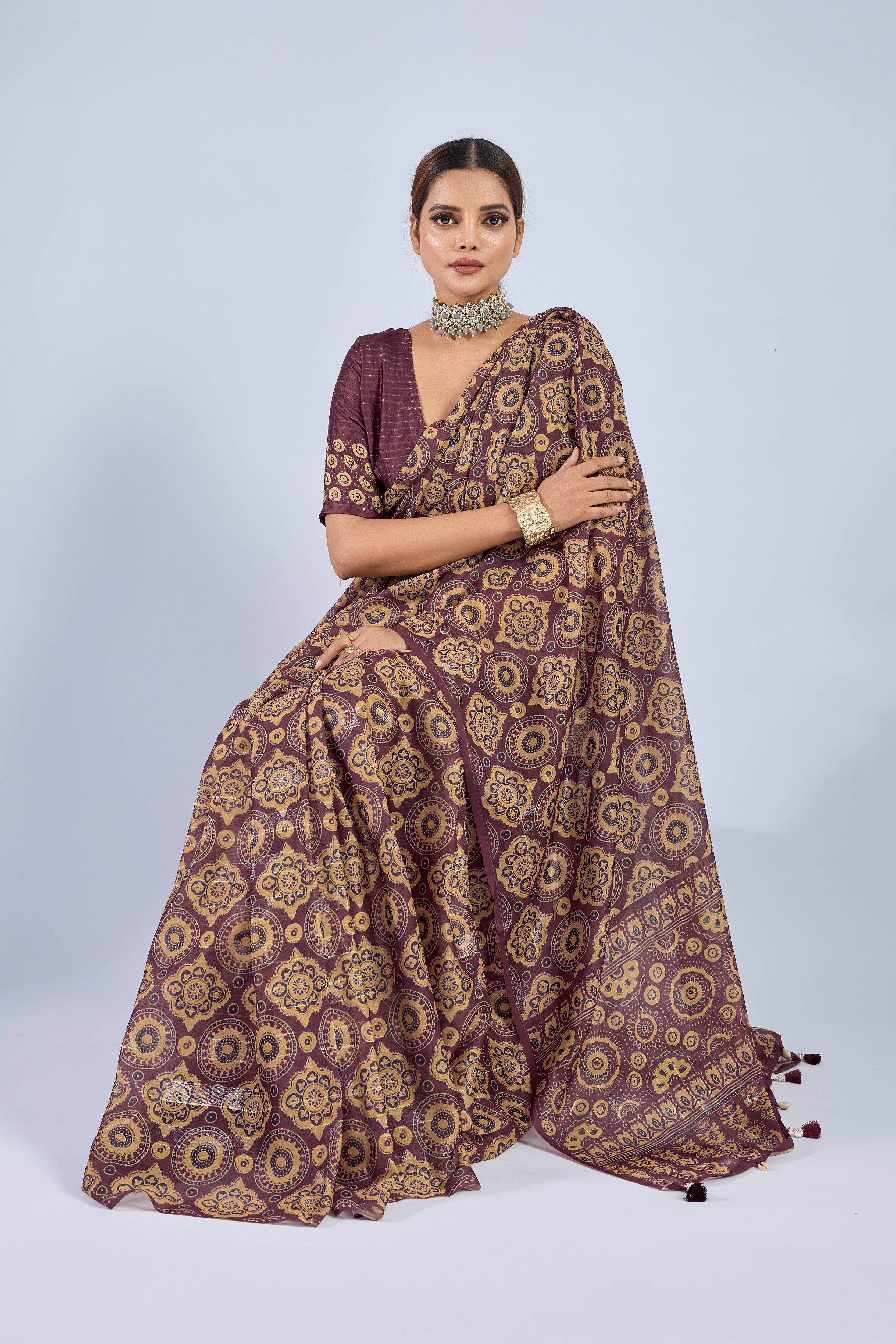 Maroon Chiffon Saree with Yellow Ajrak