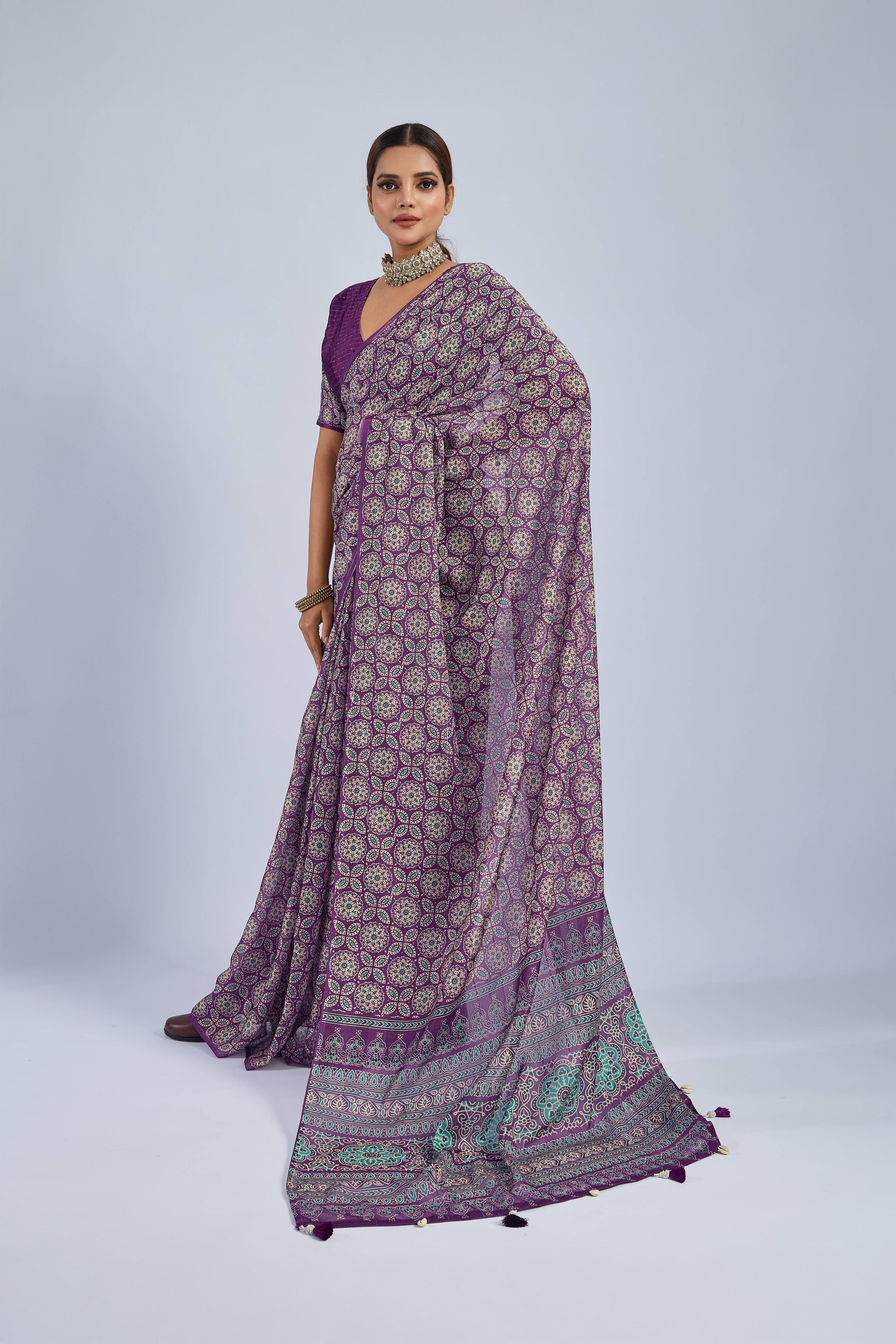 Purple Saree with Yellow and Blue Ajrak sedoracouture