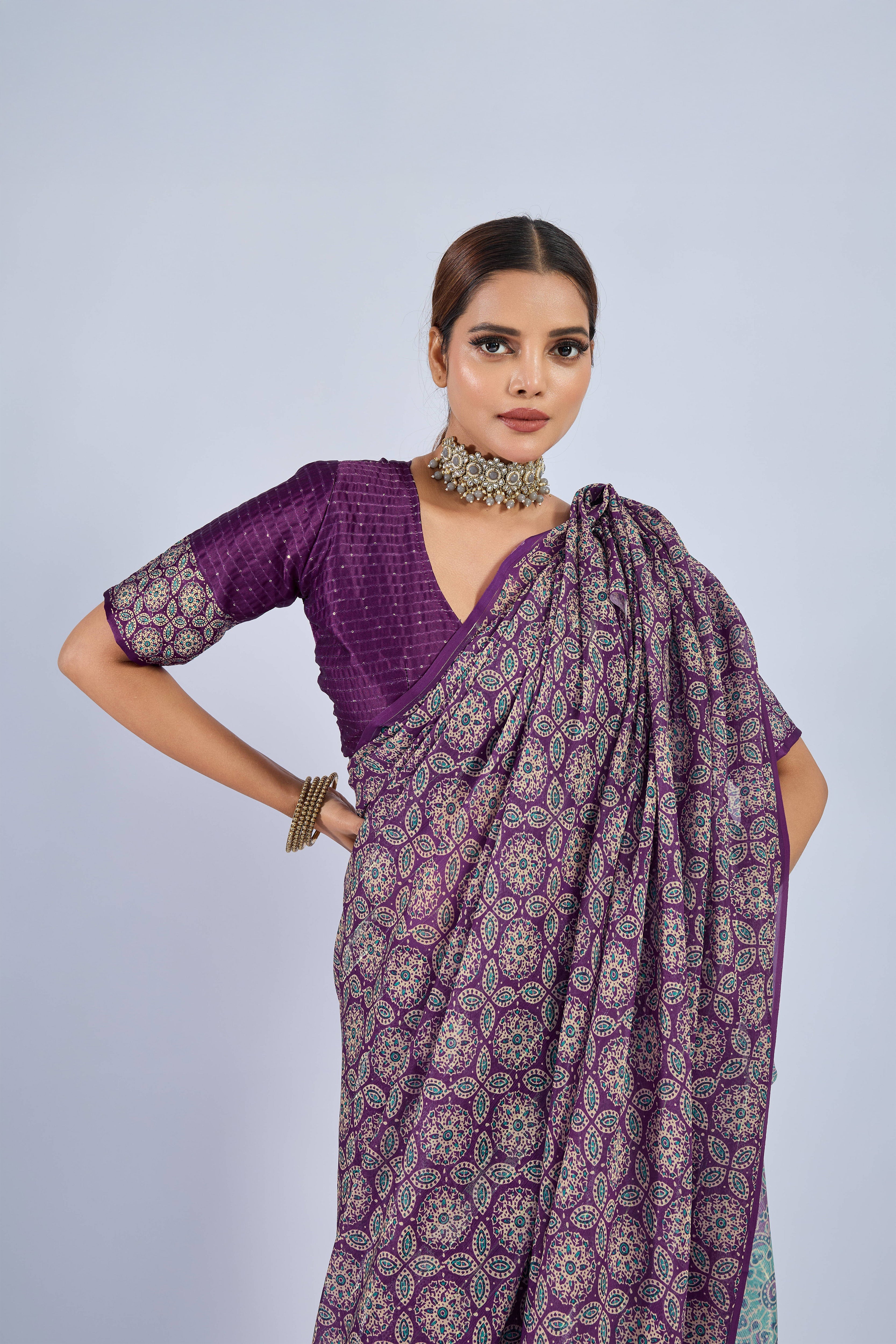 Purple Saree with Yellow and Blue Ajrak sedoracouture