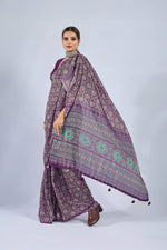 Purple Saree with Yellow and Blue Ajrak sedoracouture