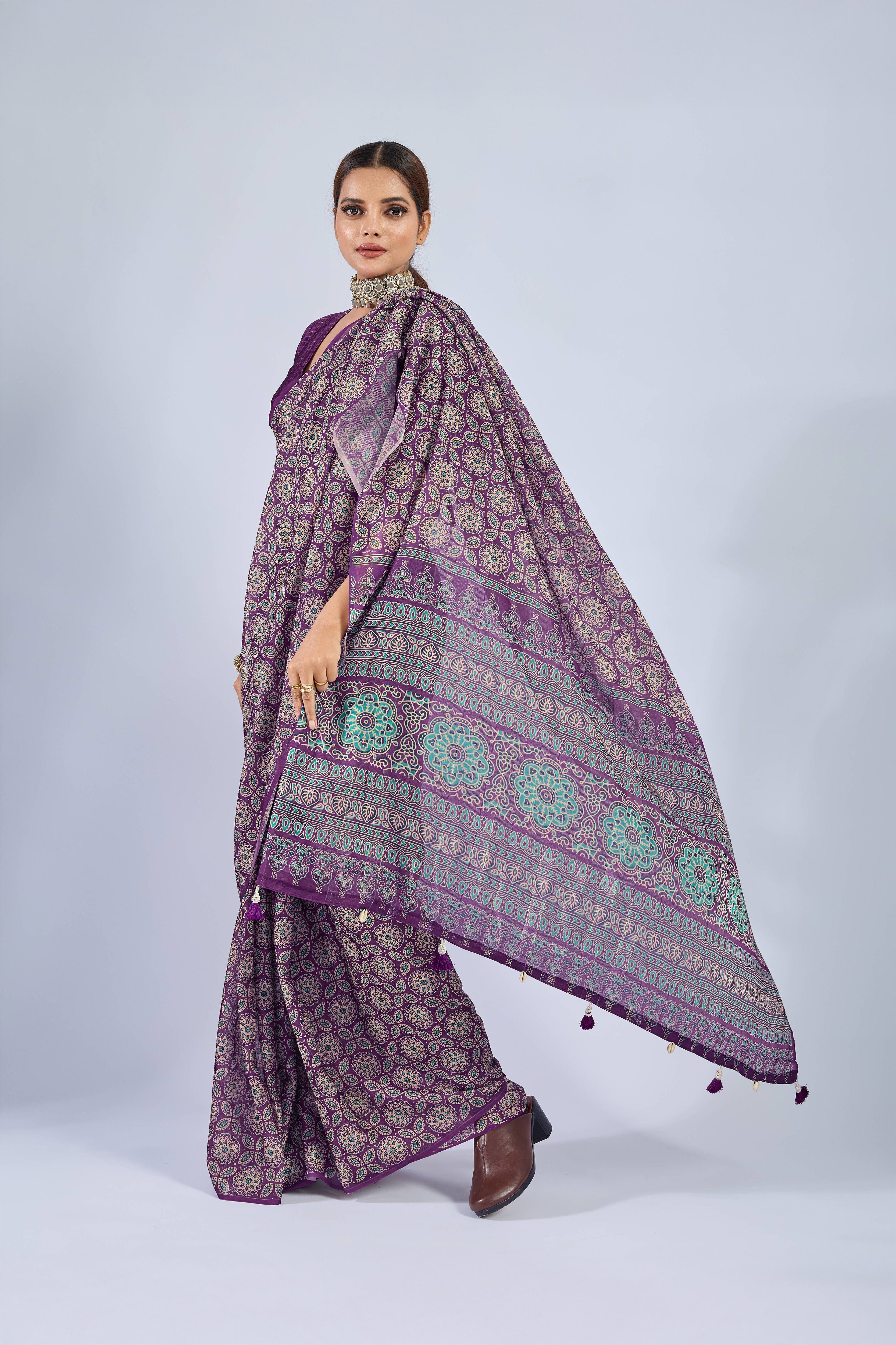 Purple Saree with Yellow and Blue Ajrak sedoracouture