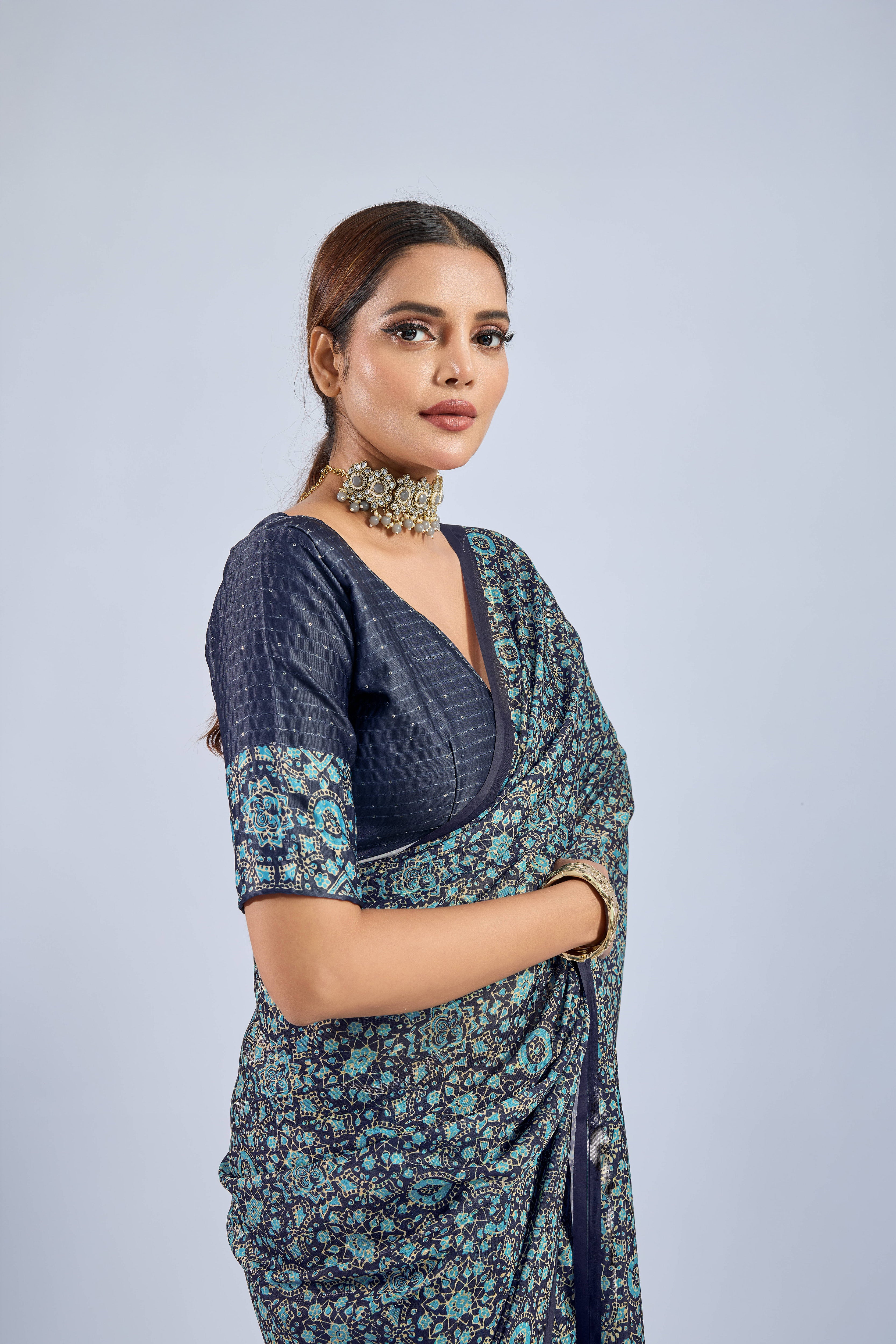 Dark Blue Chiffon Ajrak Print Saree