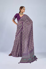 Purple Saree with Yellow and Blue Ajrak sedoracouture