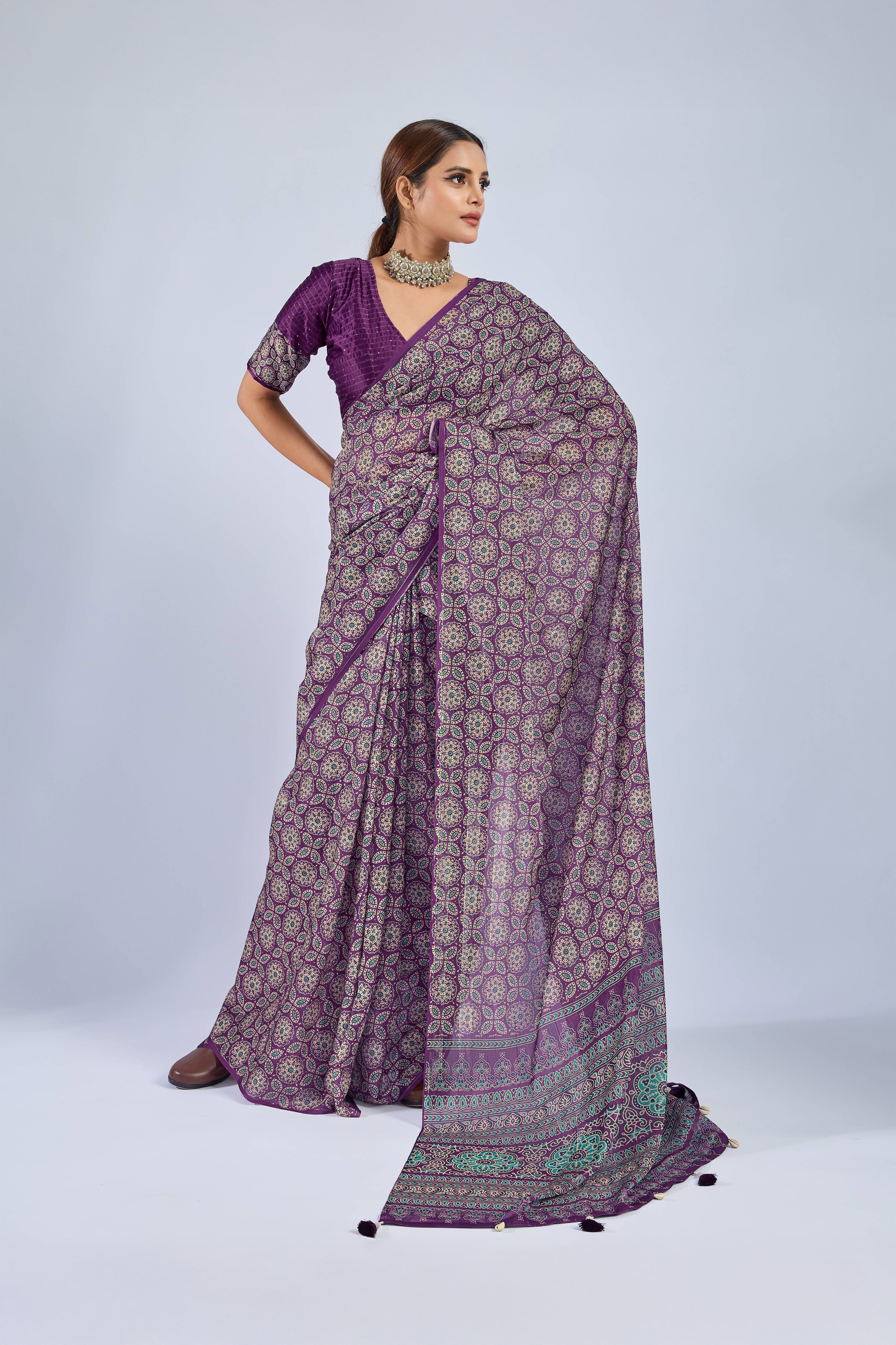 Purple Saree with Yellow and Blue Ajrak sedoracouture