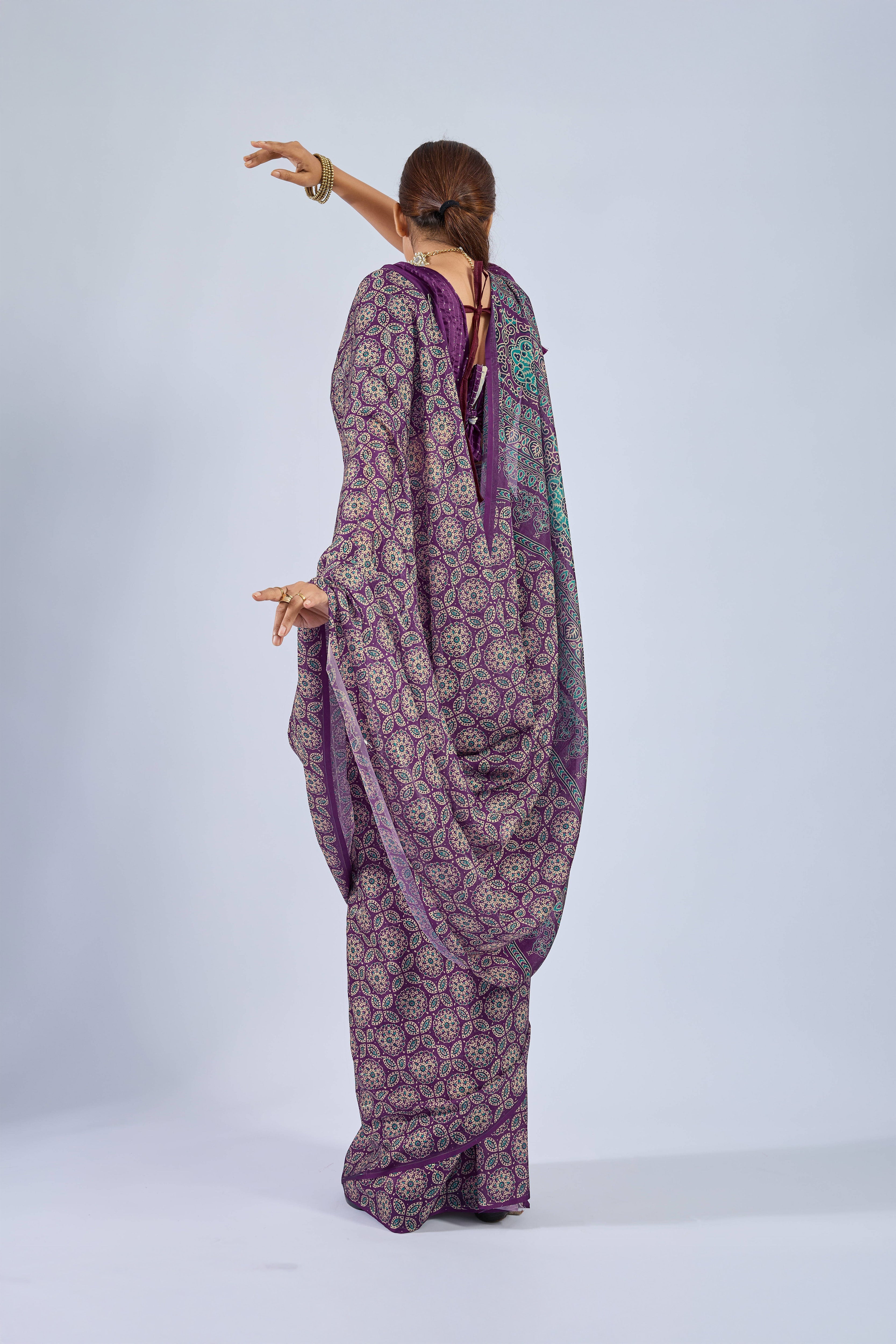 Purple Saree with Yellow and Blue Ajrak sedoracouture