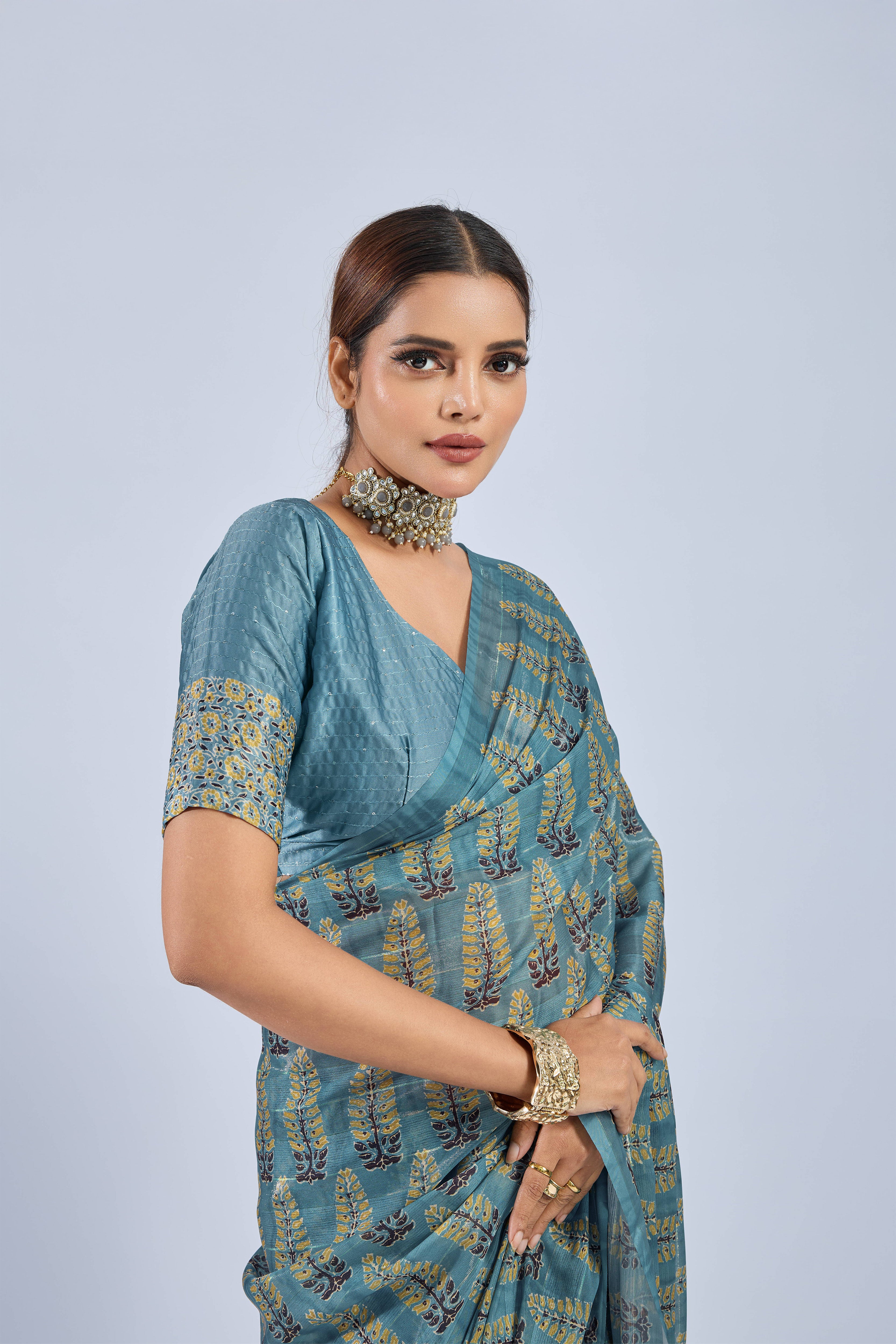 Golden Ajrak Print Light Blue Chiffon Saree