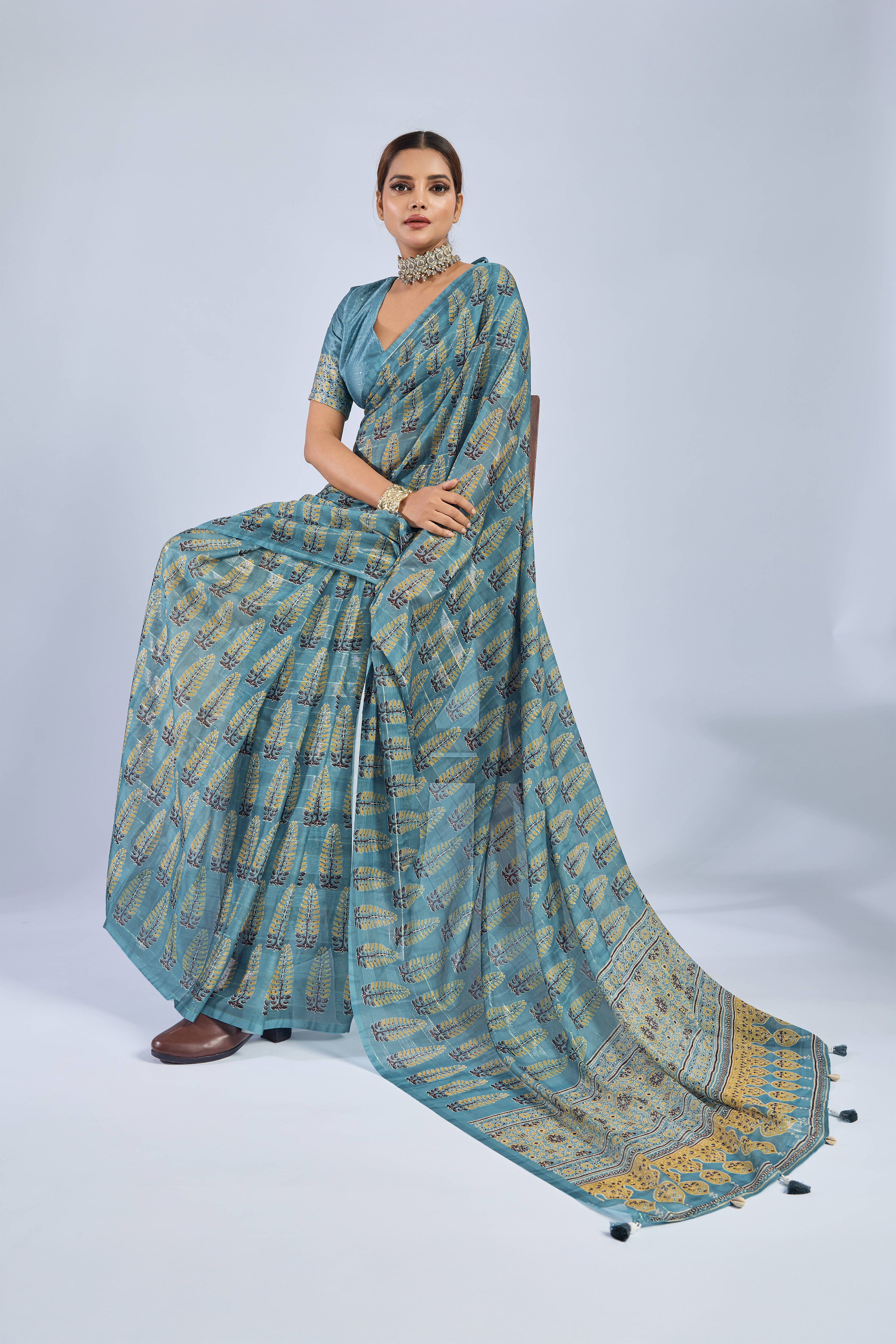 Golden Ajrak Print Light Blue Chiffon Saree