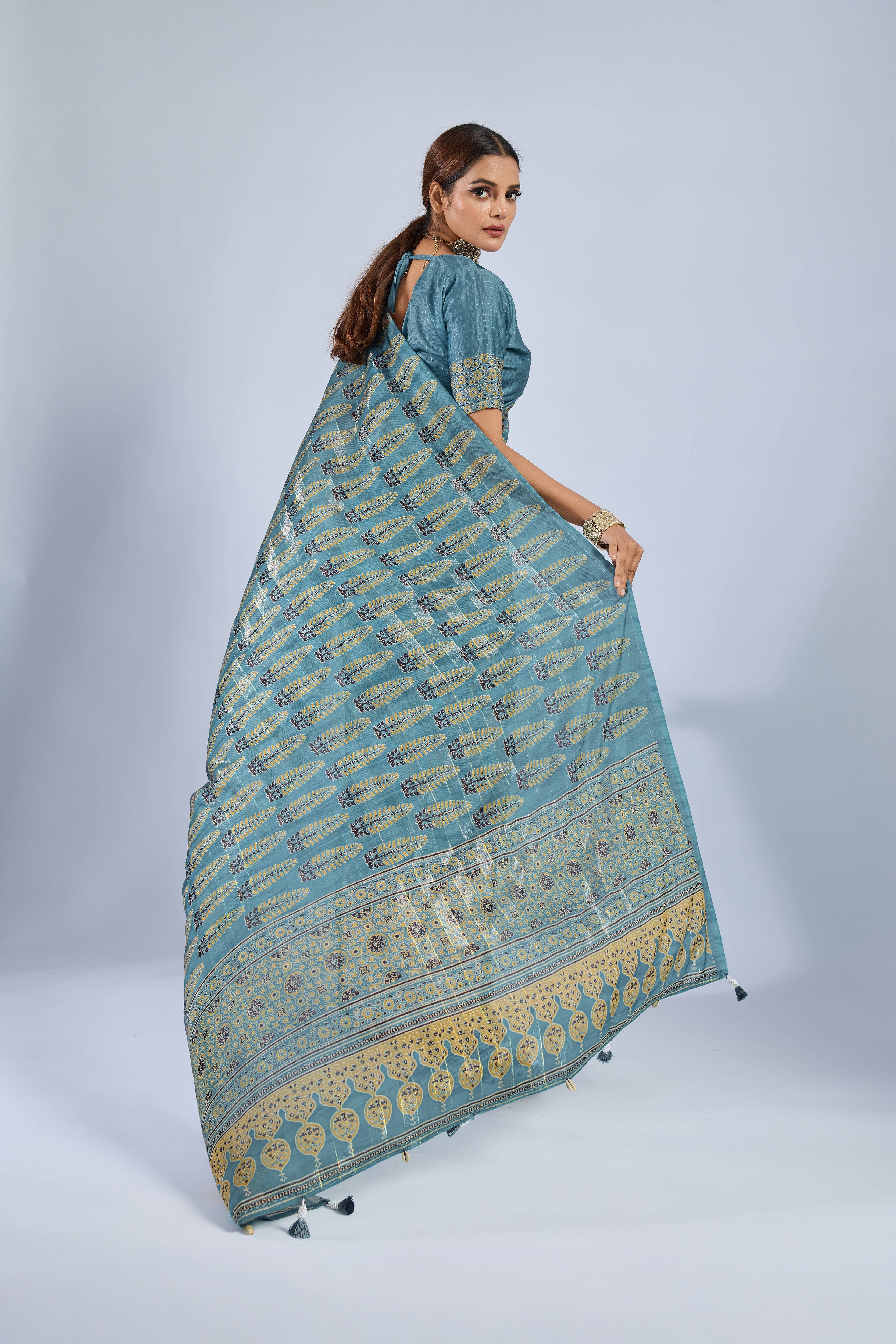 Golden Ajrak Print Light Blue Chiffon Saree