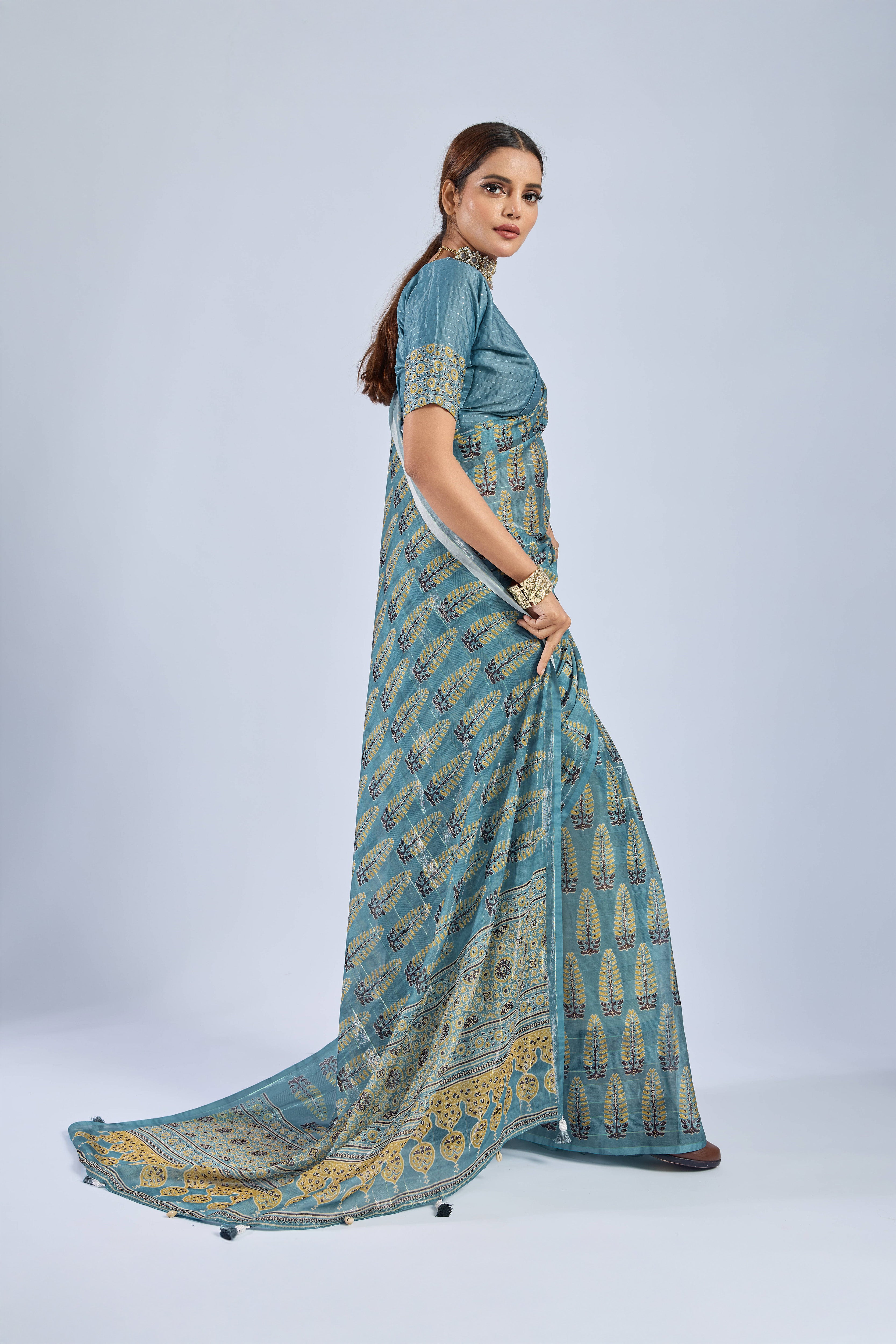 Golden Ajrak Print Light Blue Chiffon Saree