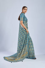 Golden Ajrak Print Light Blue Chiffon Saree sedoracouture