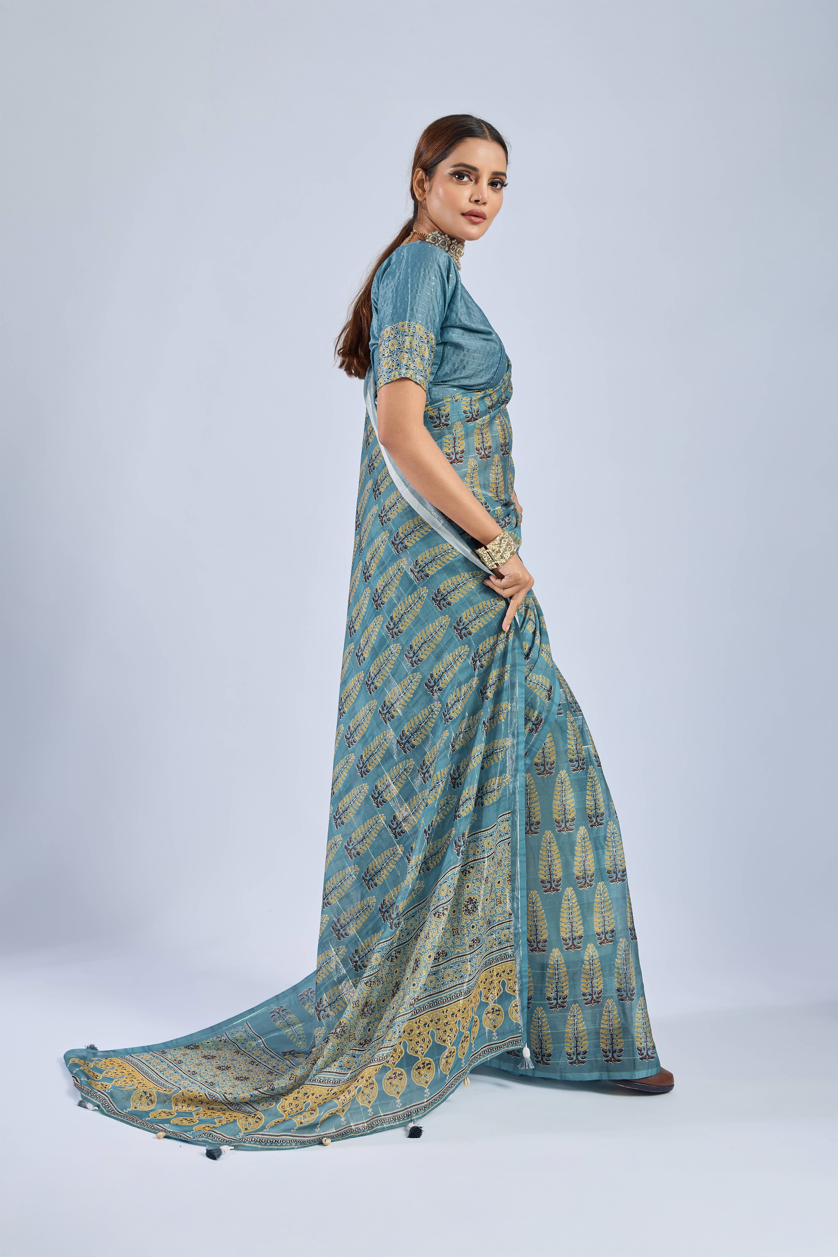 Golden Ajrak Print Light Blue Chiffon Saree sedoracouture