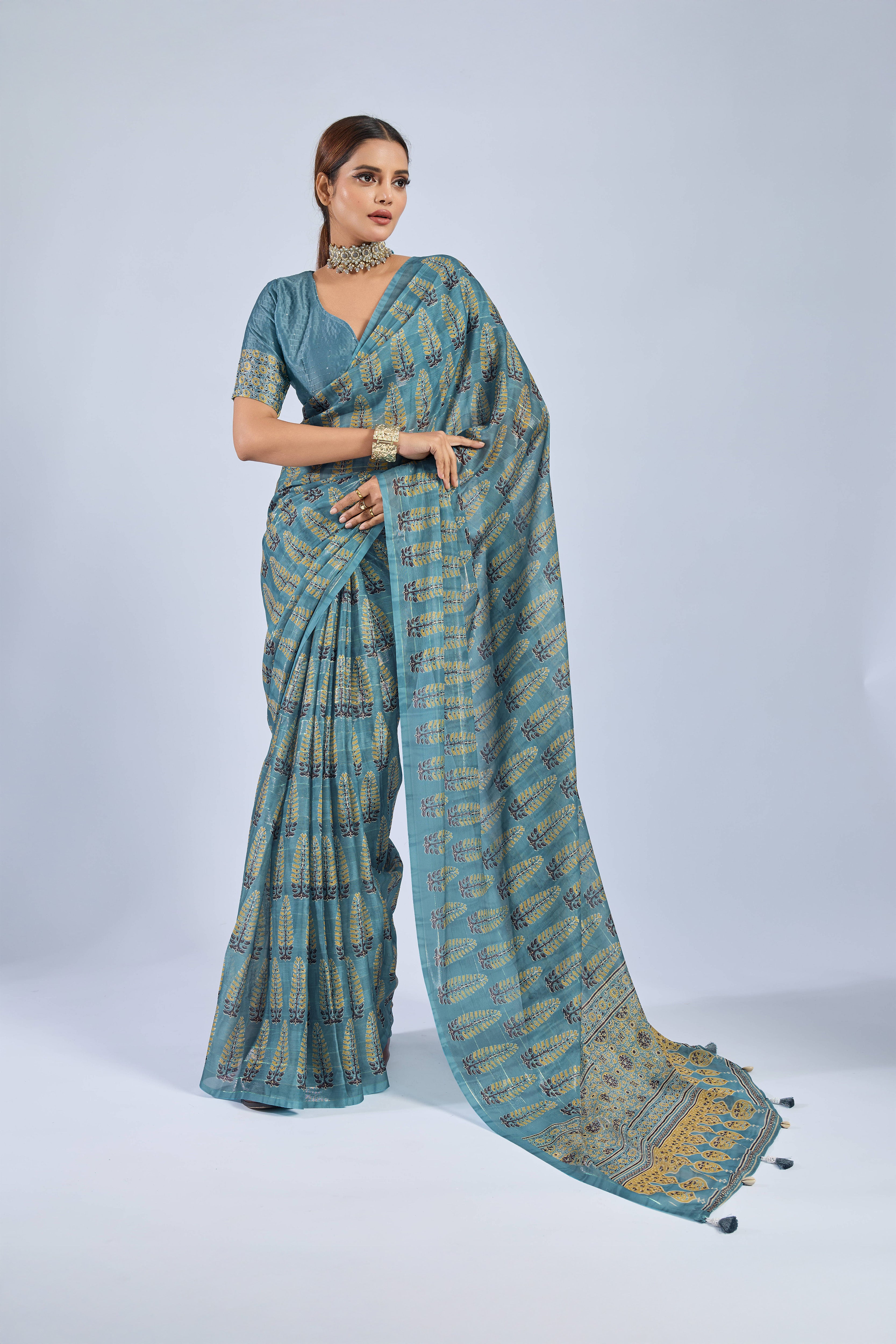 Golden Ajrak Print Light Blue Chiffon Saree