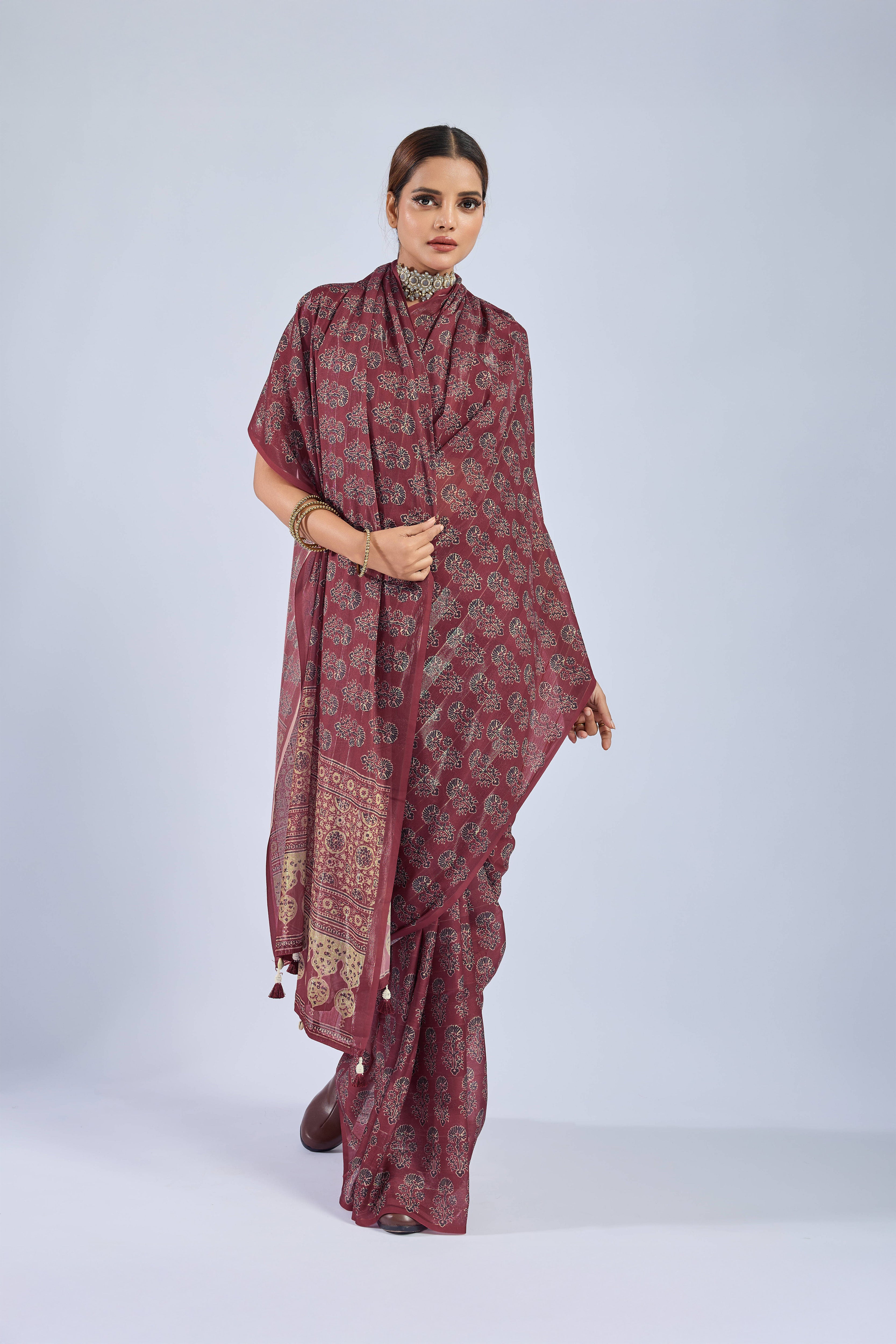 Maroon Chiffon Saree with Grey Ajrak