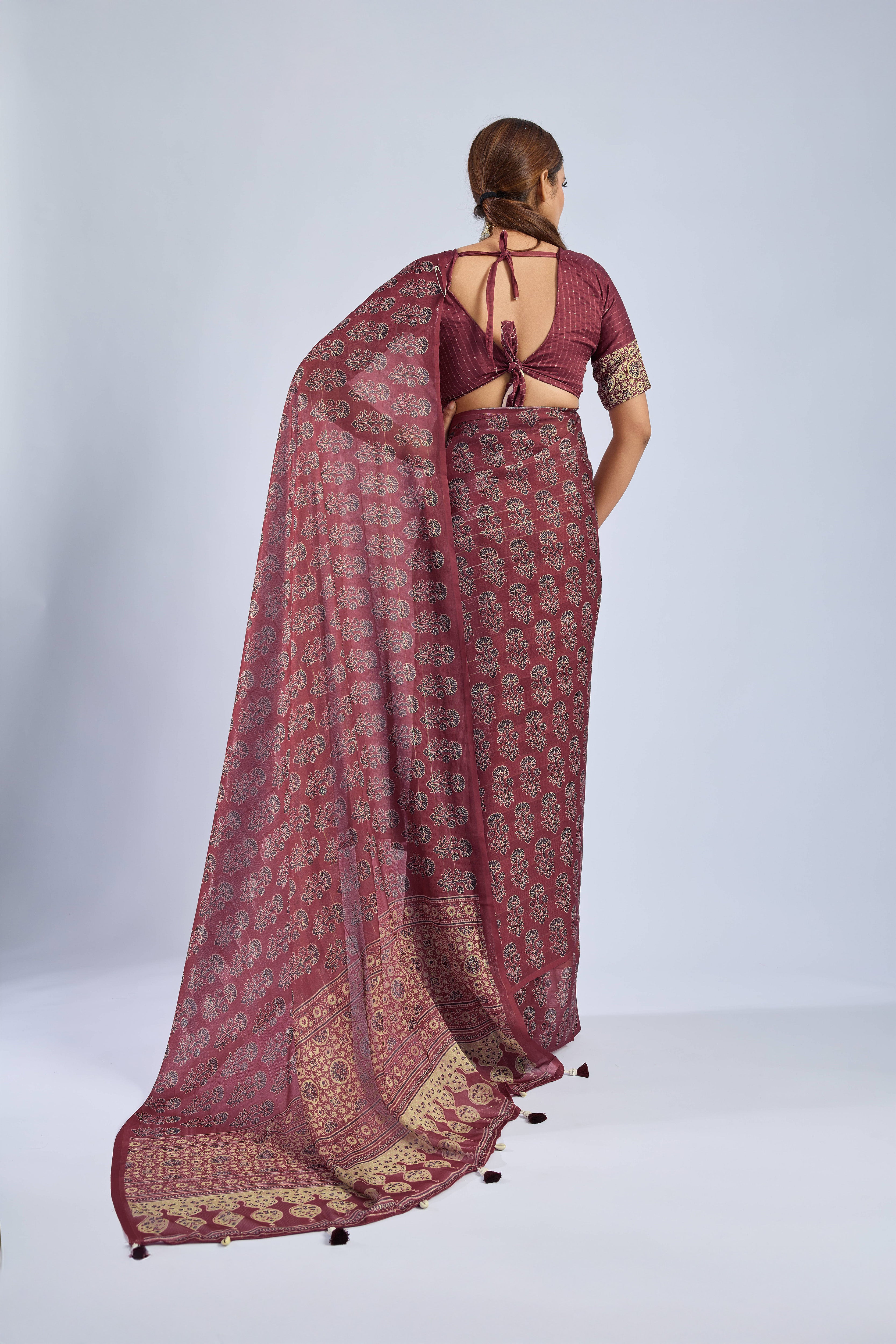 Maroon Chiffon Saree with Grey Ajrak