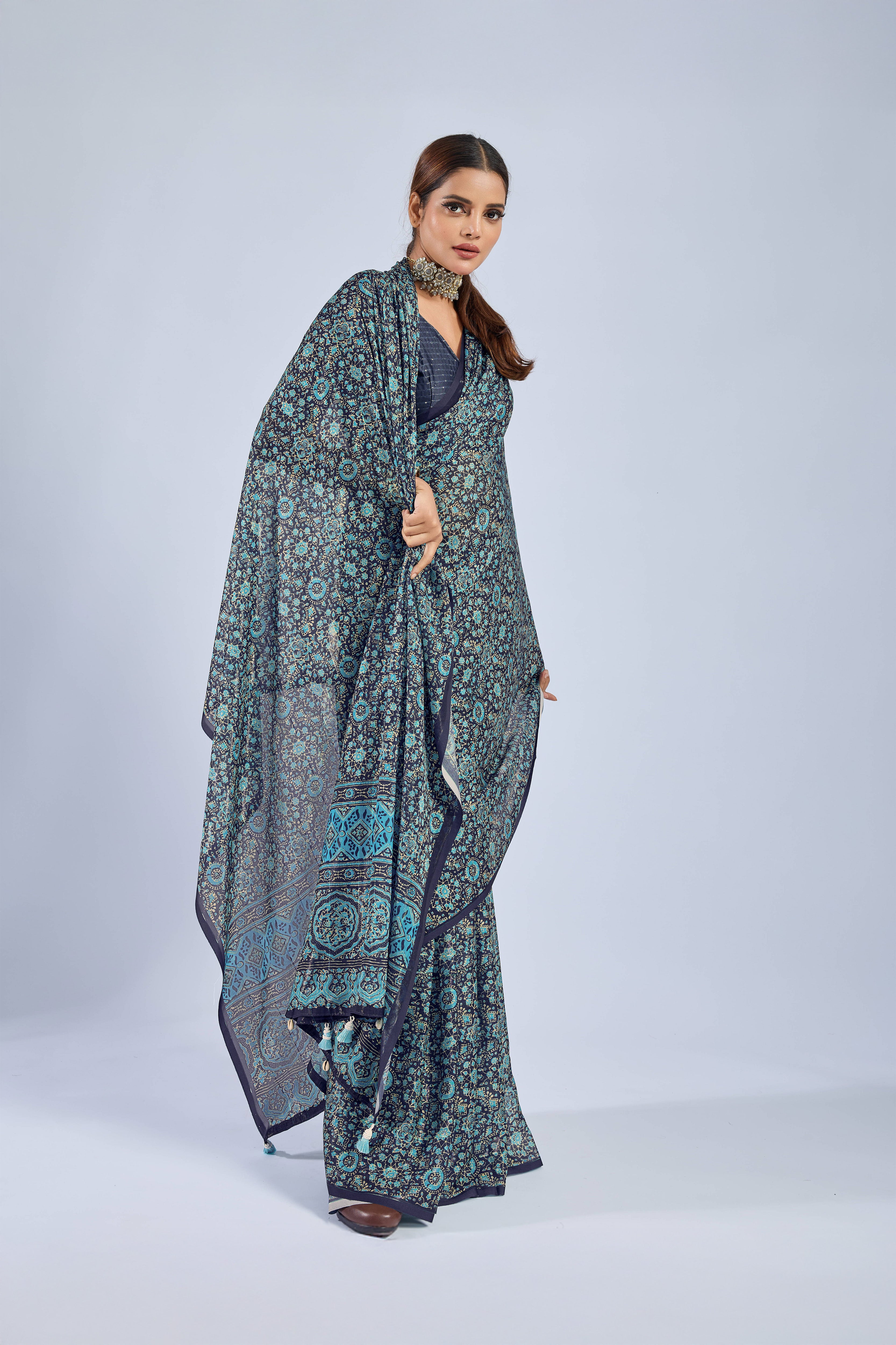 Dark Blue Chiffon Ajrak Print Saree