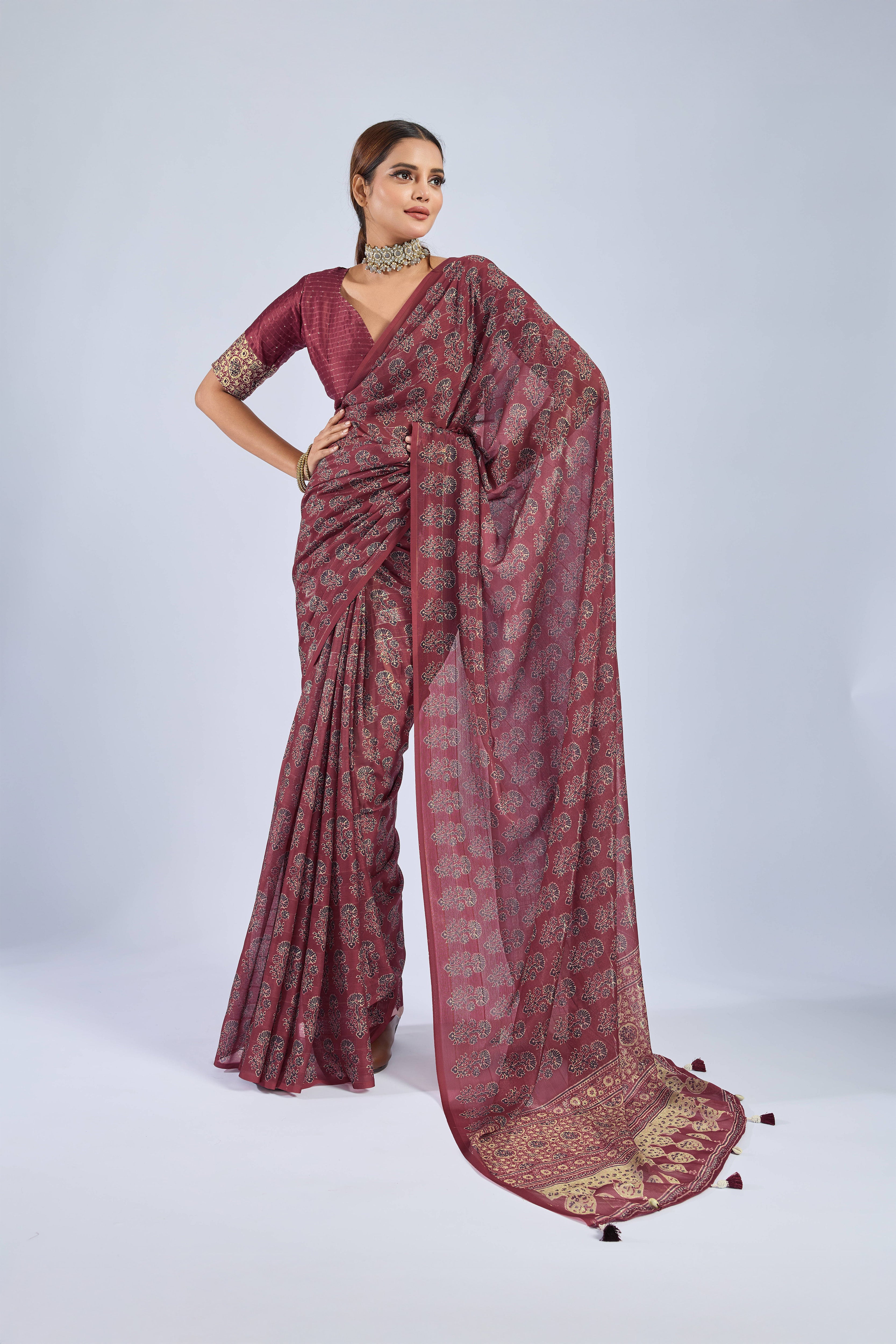 Maroon Chiffon Saree with Grey Ajrak